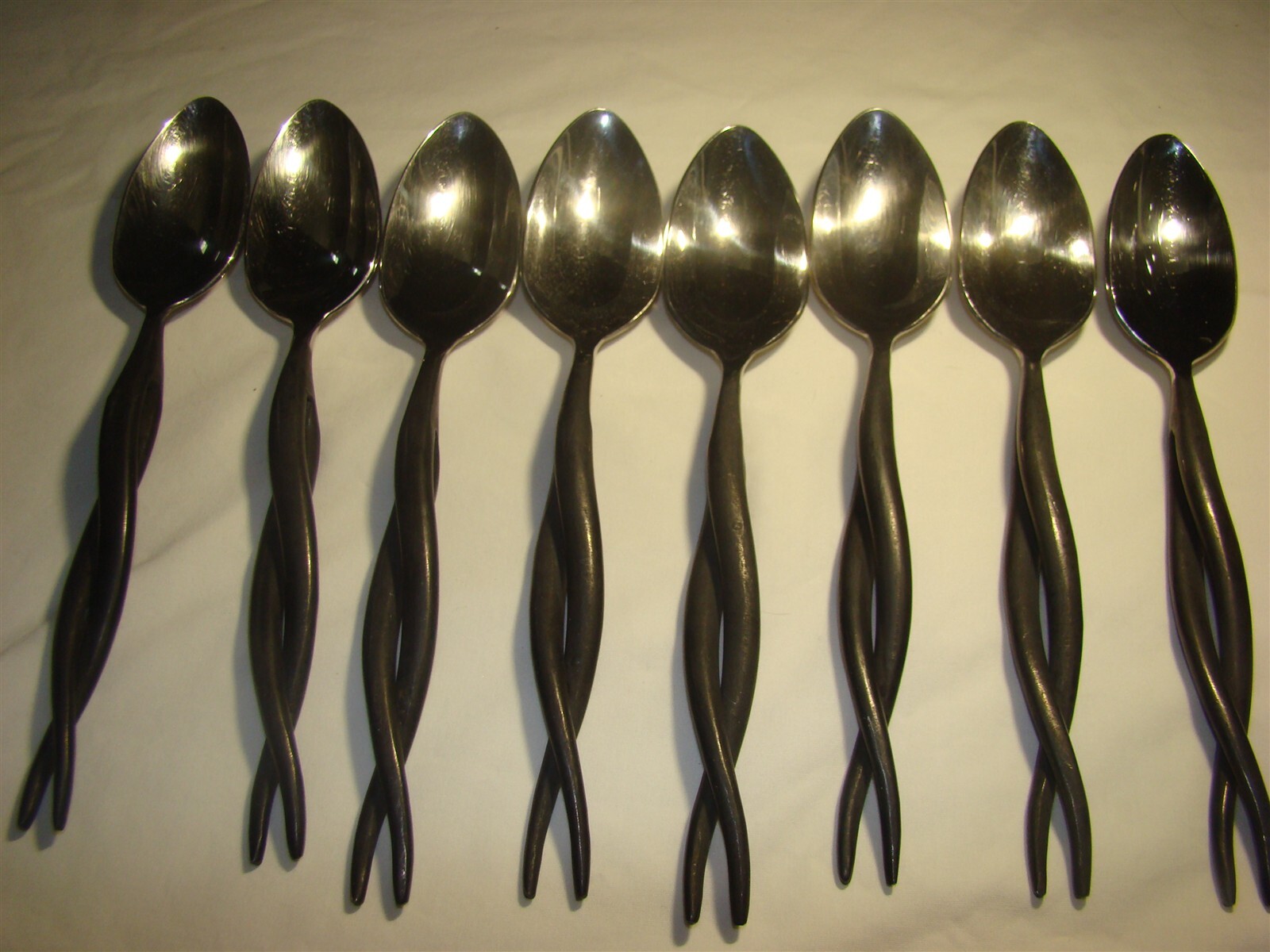 8 Twirl Oval/Soup Spoons Hand Made Gourmet Settings, Black Satin Twisted Handle