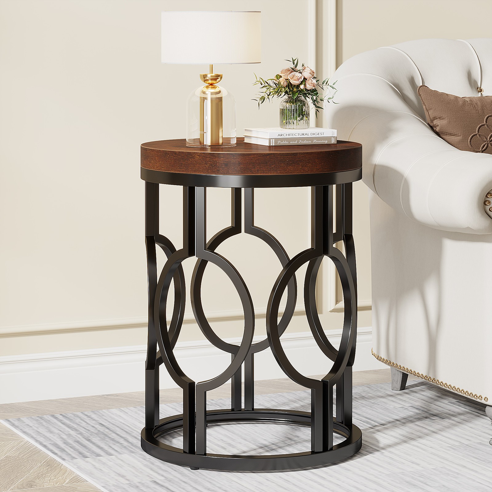 Round End Table, Industrial Side Table Small Bedside Table w/ Metal Hollow Frame