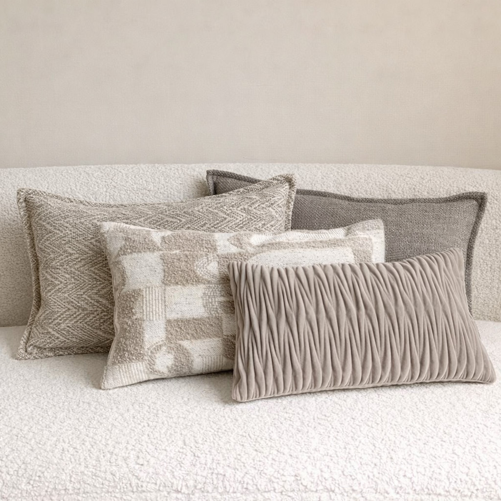 Luxury Textured Neutral Cushion Cover | Soft Bouclé & Pleated Designer Style