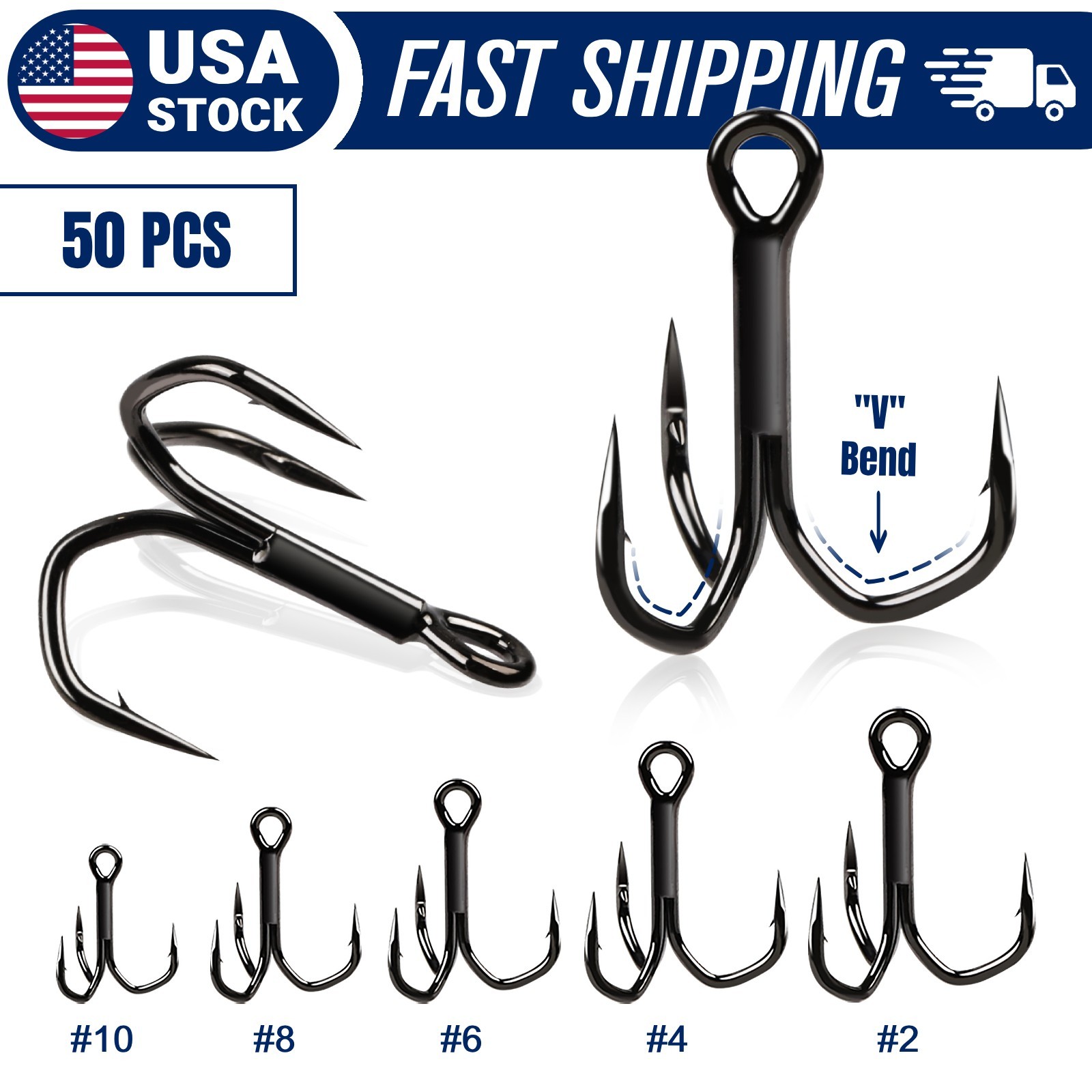 50PCS Fishing Treble Hooks - 3X Strong Triple Hooks High Carbon Steel Bass Pike