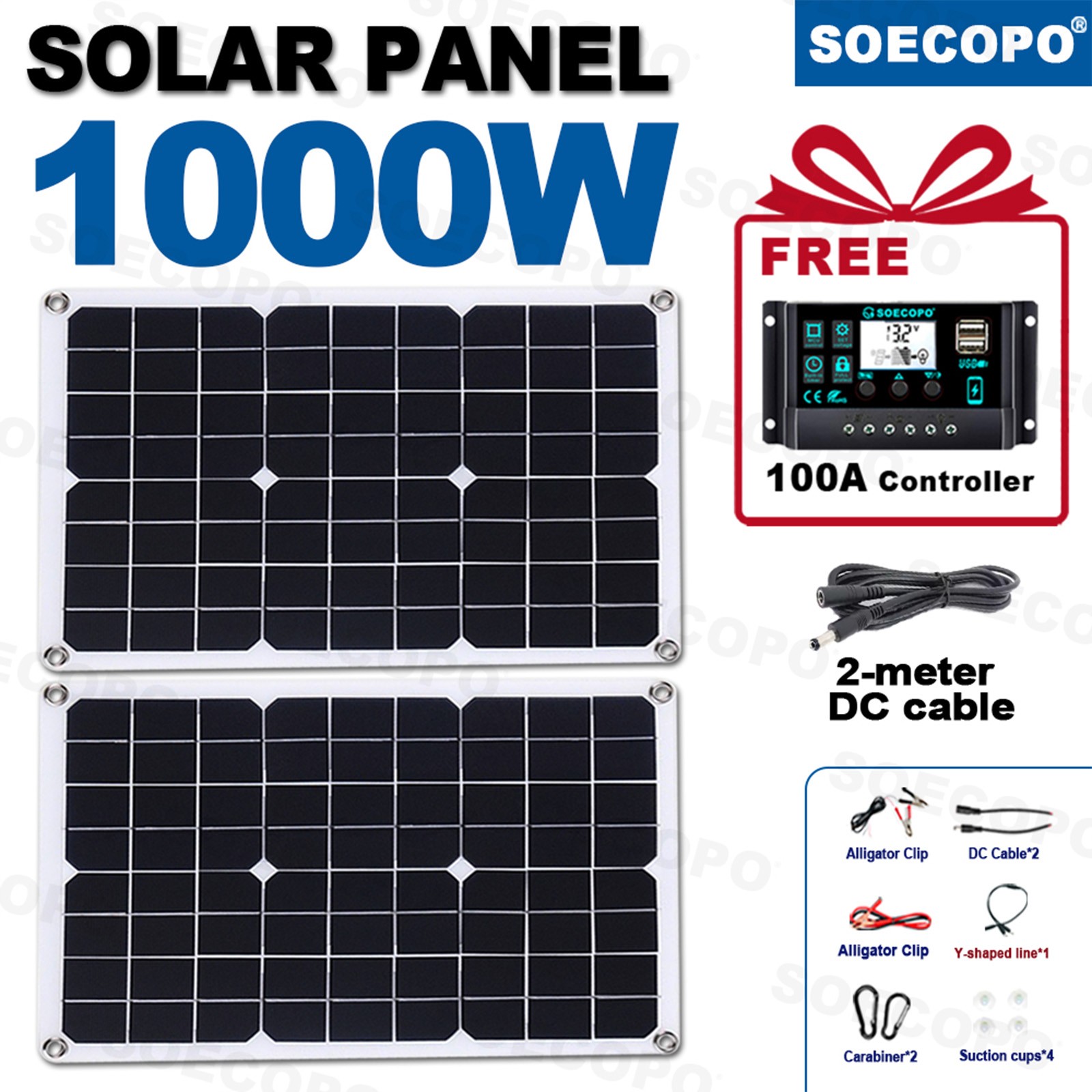 1000W Solar Panels - 2 x 500W Lightweight PV Panels+Y-Cable for Outdoor Charging