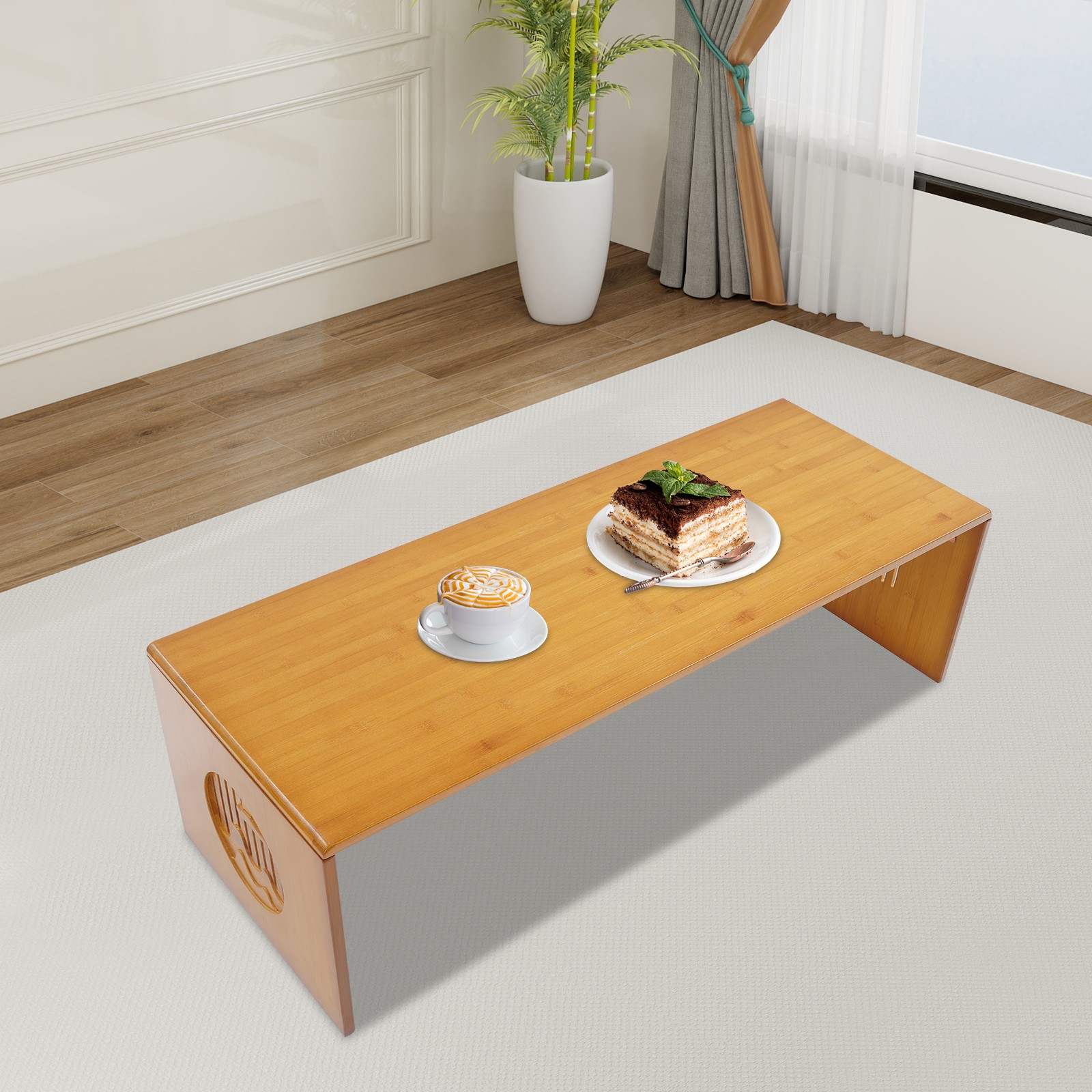 Tawny Foldable Bamboo Floor Table With Chinese Landscape Carving, No Assembly