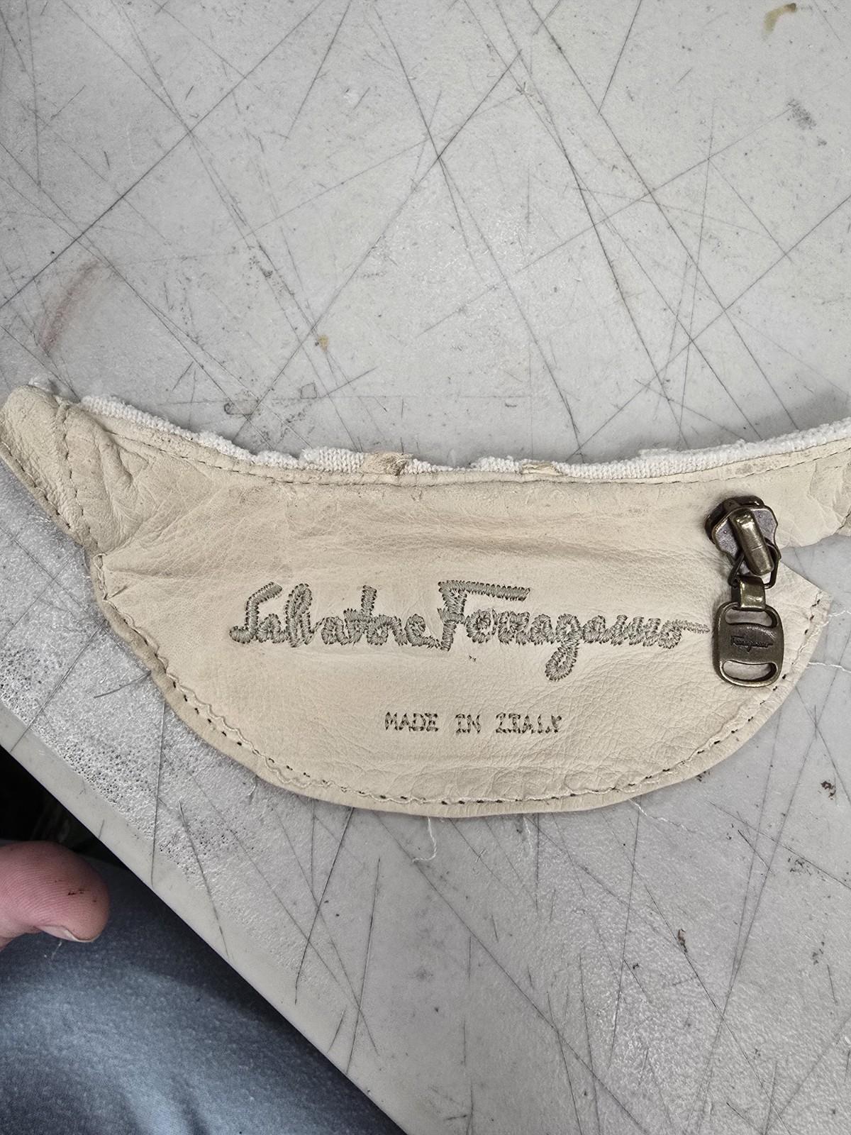 VTG Salvatore Ferragamo Zipper Pull Antigue Brass W/ Leather Embroidery Patch