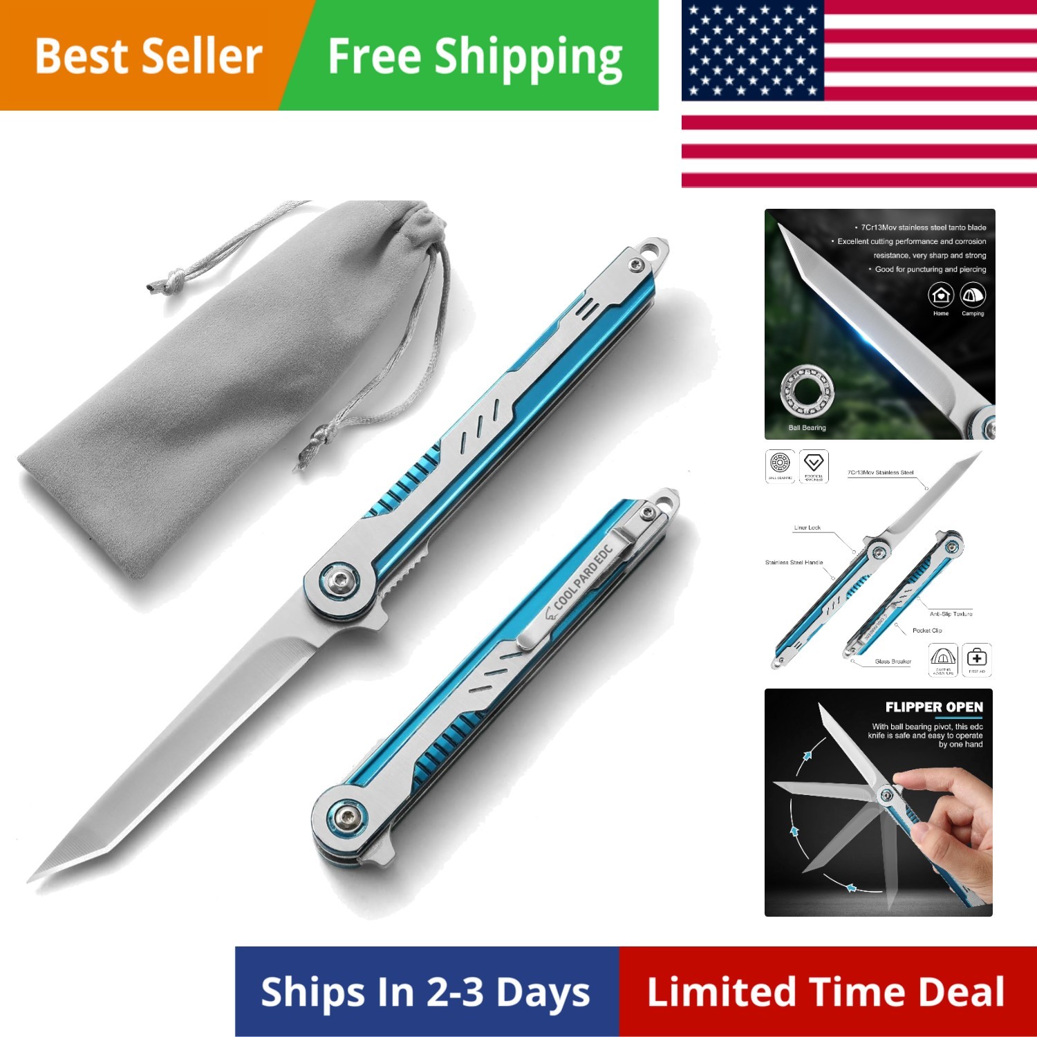 Pocket Knife - 7CR13Mov Steel Tanto Blade, Slim Survival Knife with Clip ...