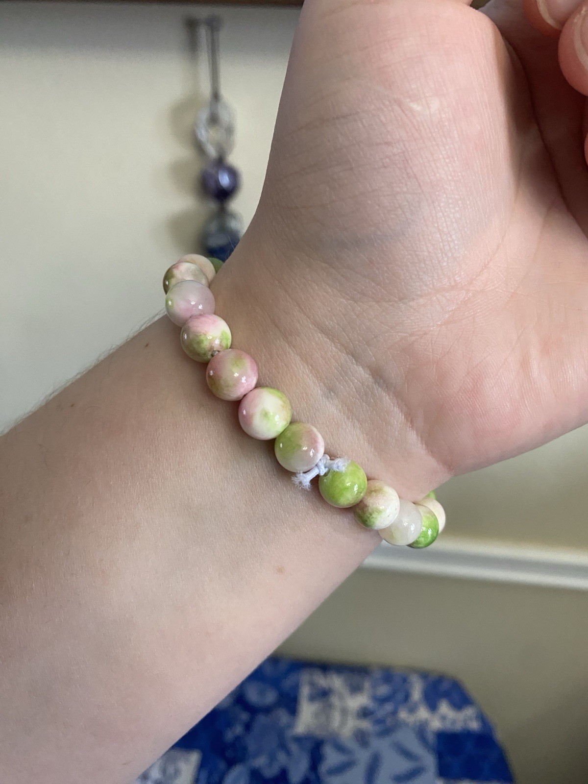 Green/Pink/White Round Beaded Bracelet - Handmade