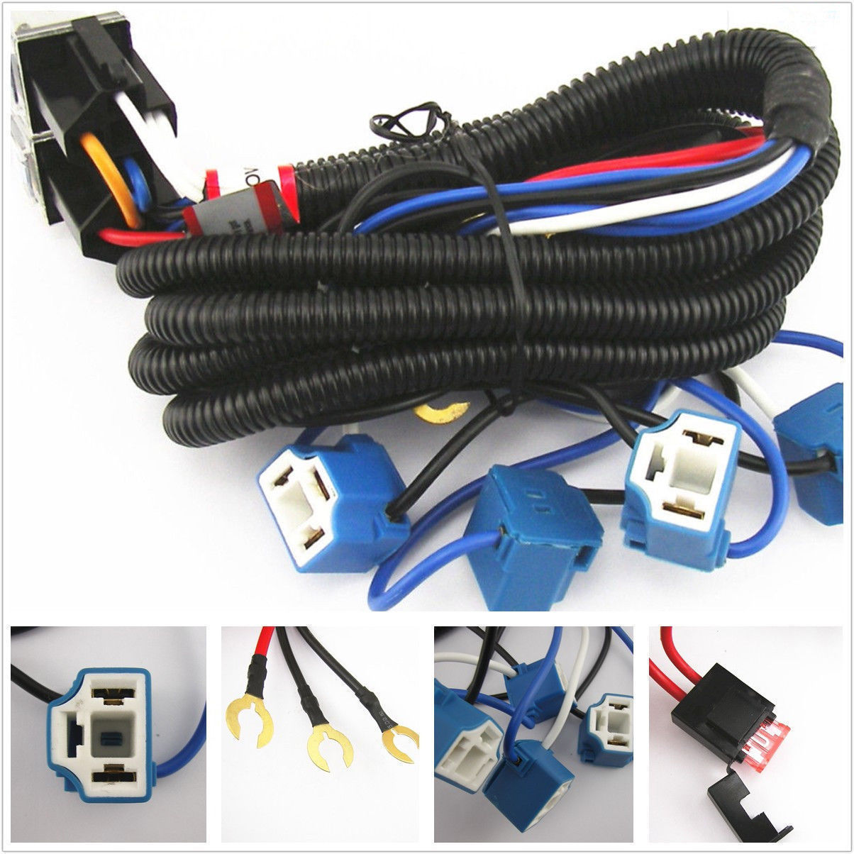 4-Headlight Relay Wiring Harness H4 Headlamp Light Bulb Ceramic Socket Plugs Set