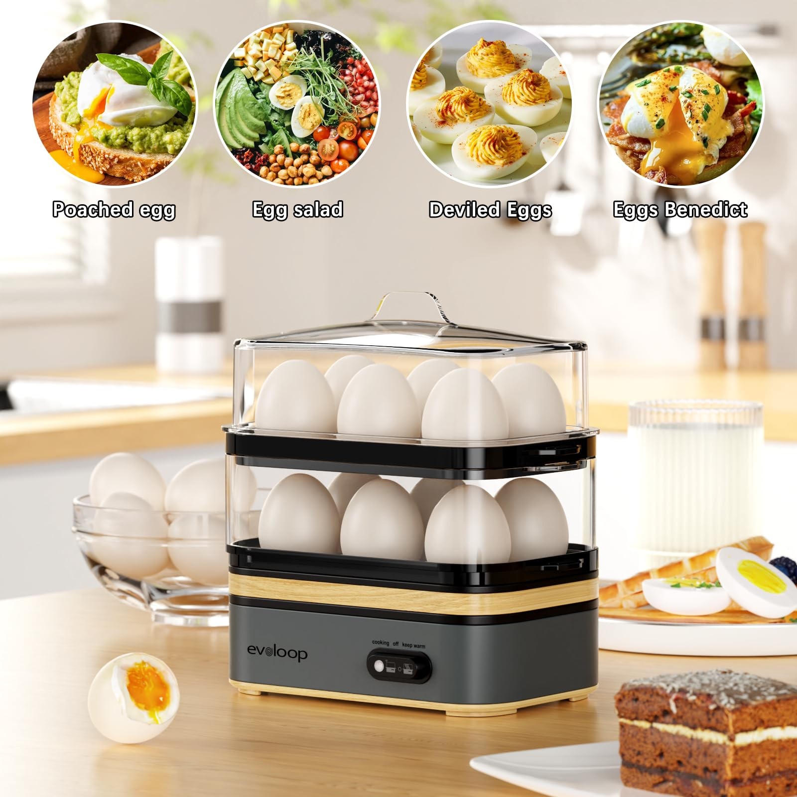 Evoloop Rapid Egg Cooker Electric 12 Eggs Capacity, Soft, Medium, 5*7*8, Grey