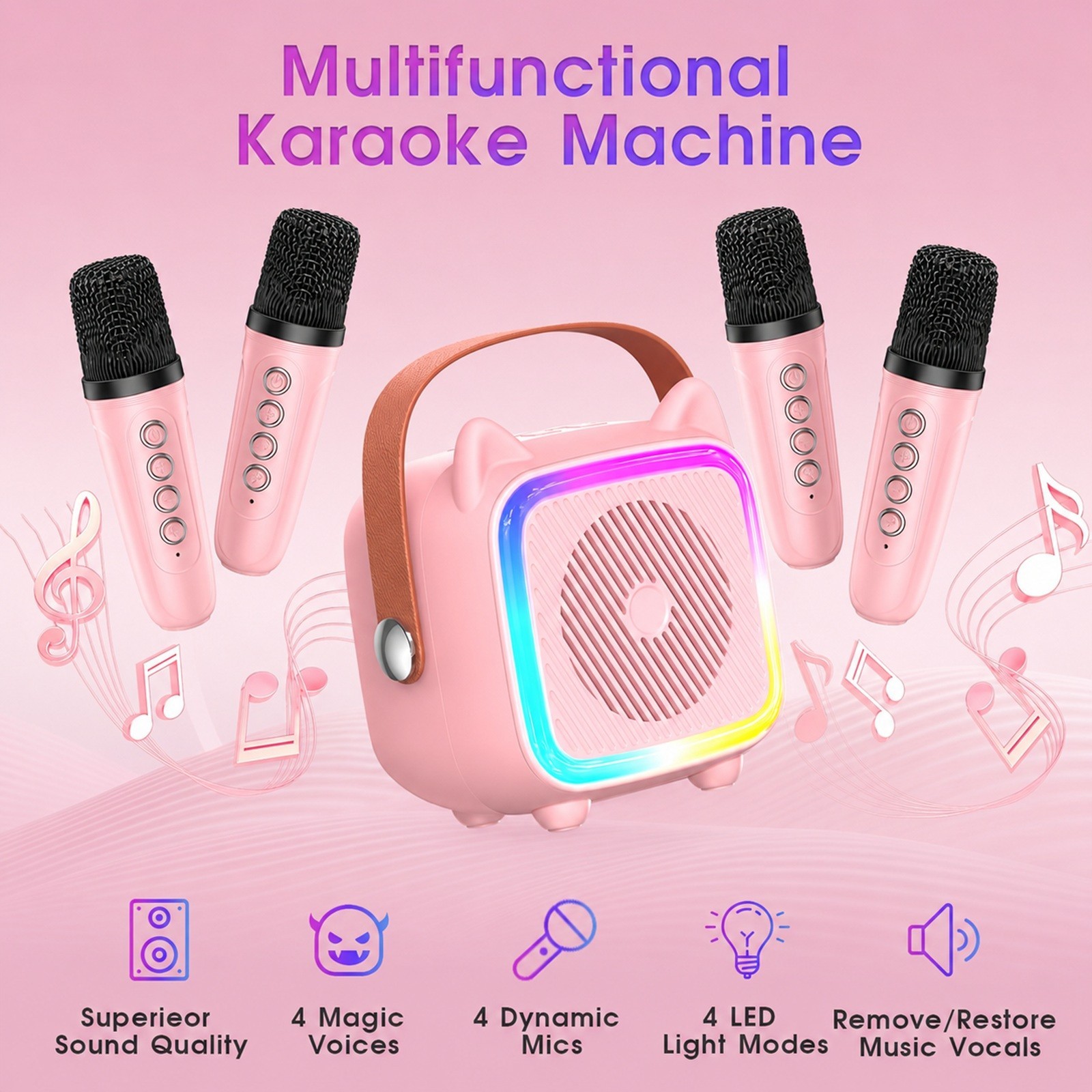 Kids Karaoke Machine 4 Wireless Microphones Bluetooth LED Pink Toy Gift Ages 3+