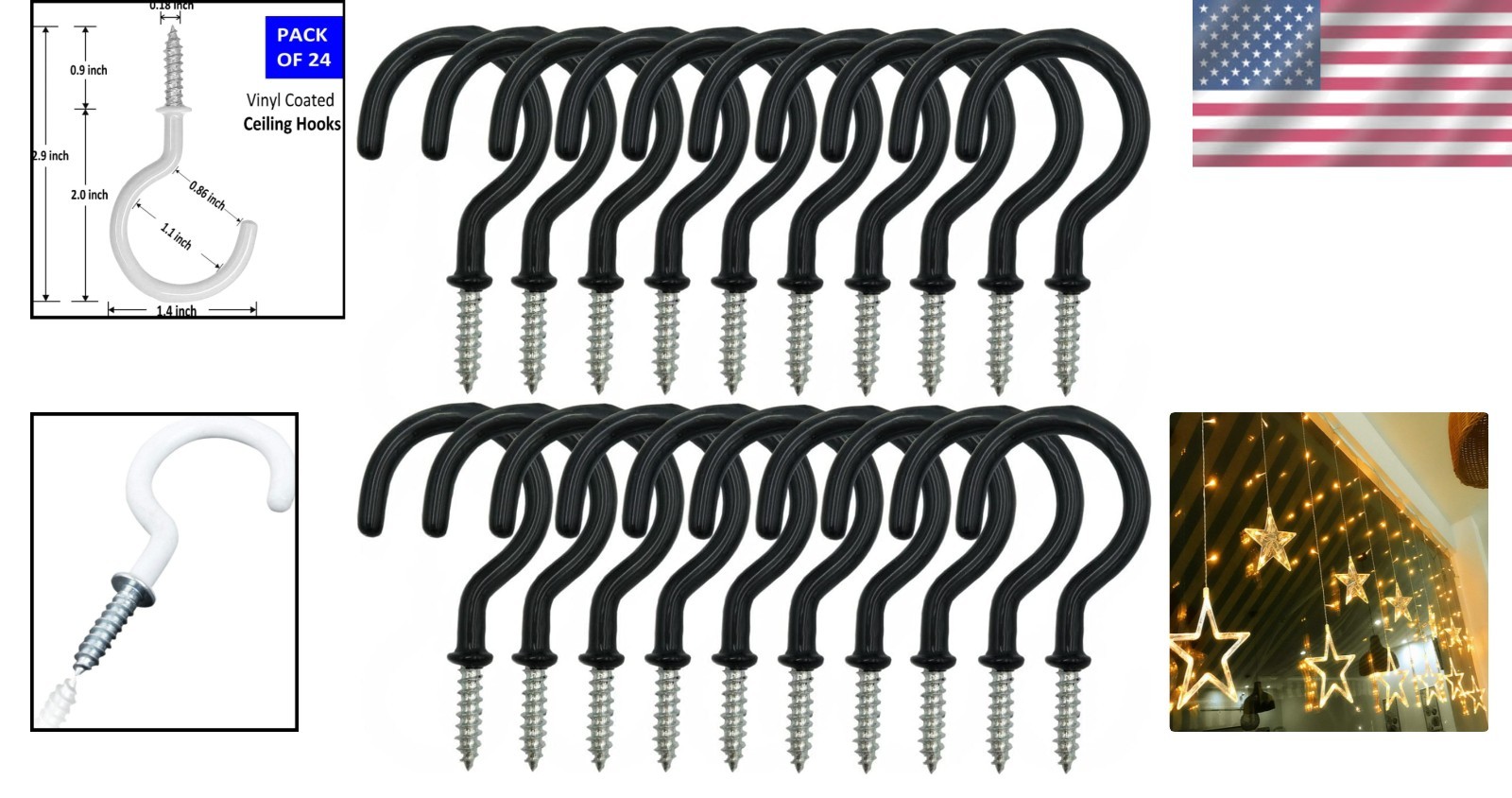 24PCS Screw Hooks Black 2.2" for Hanging Outdoor String Lights & Plants