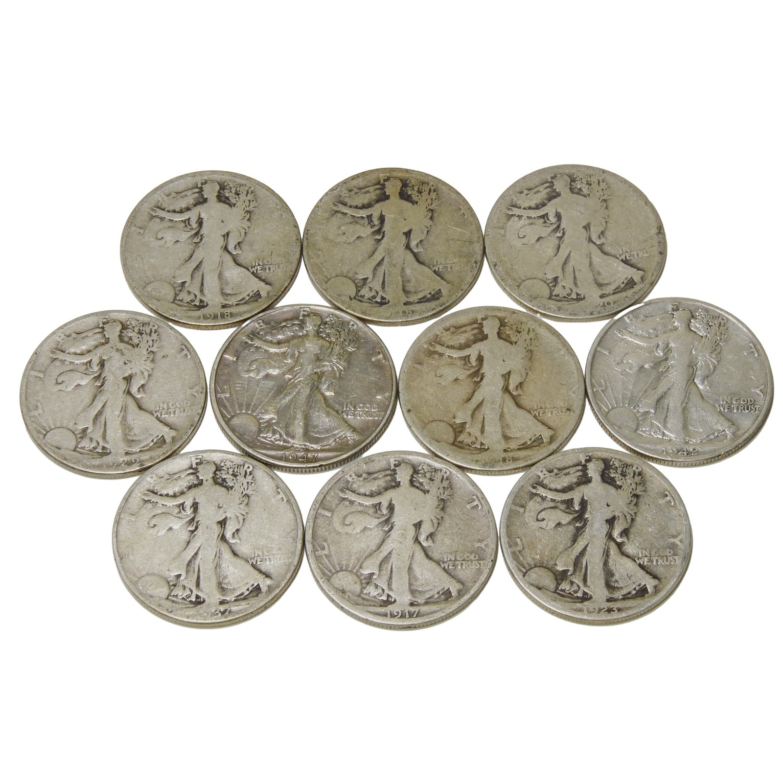 10 Walking Liberty Half Dollars 90% Silver Mixed Date Coin Lot $5 FV