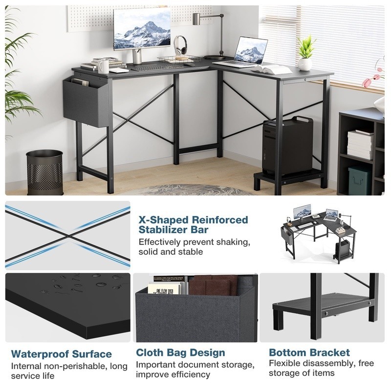 L Shaped Computer Desk W/ Storage Bag & CPU Stand Home Office Workstation New