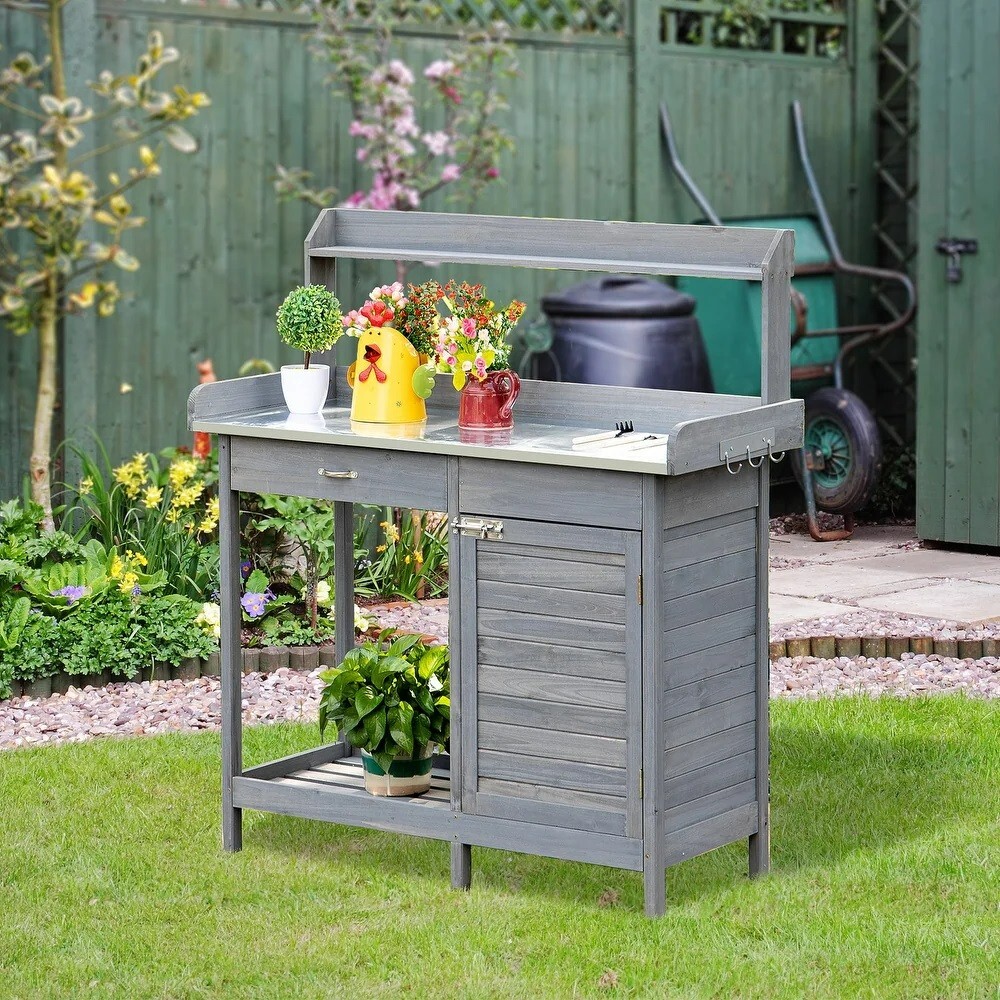 Grey Outdoor Gardening Steel Table Top Potting Garden Work Bench Station Plant