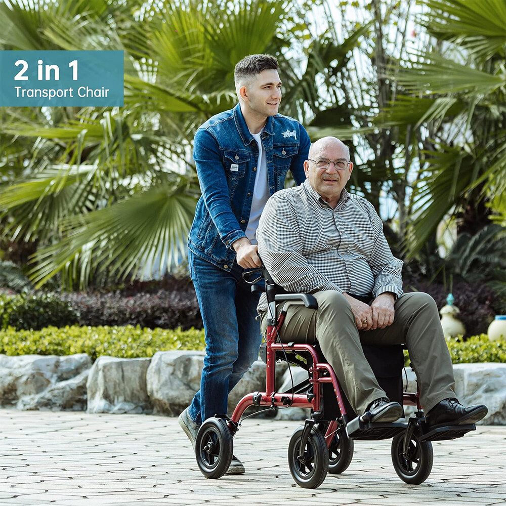 10” 2 in 1 Deluxe ELENKER Rollator Walker Medical Aid Wheelchair Transport Chair