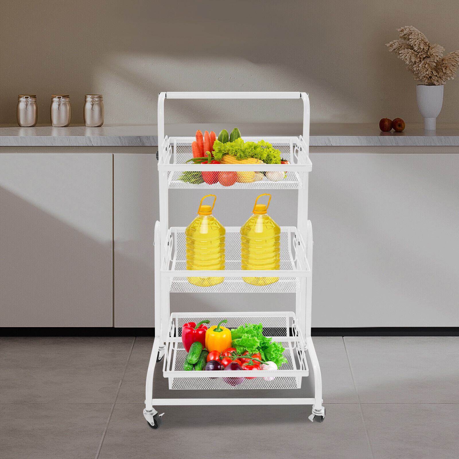 3-Tier Multi-Functional Storage Cart Metal Rolling Utility Cart White Adjustable