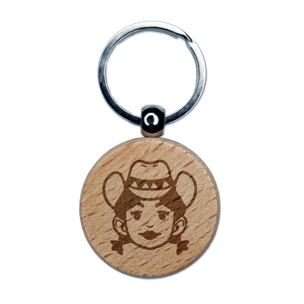 Rancher Cowgirl Cartoon Head Pigtails Hat Engraved Wood Round Keychain Tag Charm