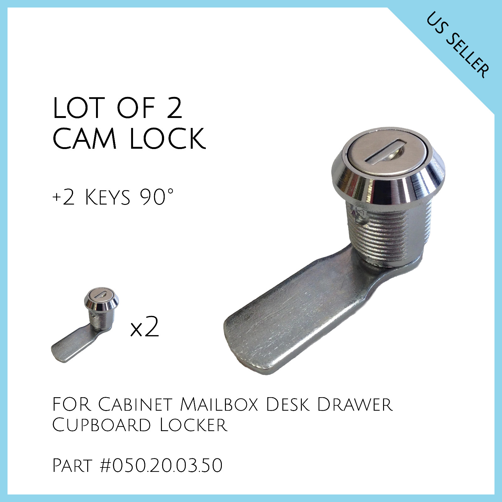 Lot of 2 Cam Lock + 2 Keys 90° Part # 050.20.03.50