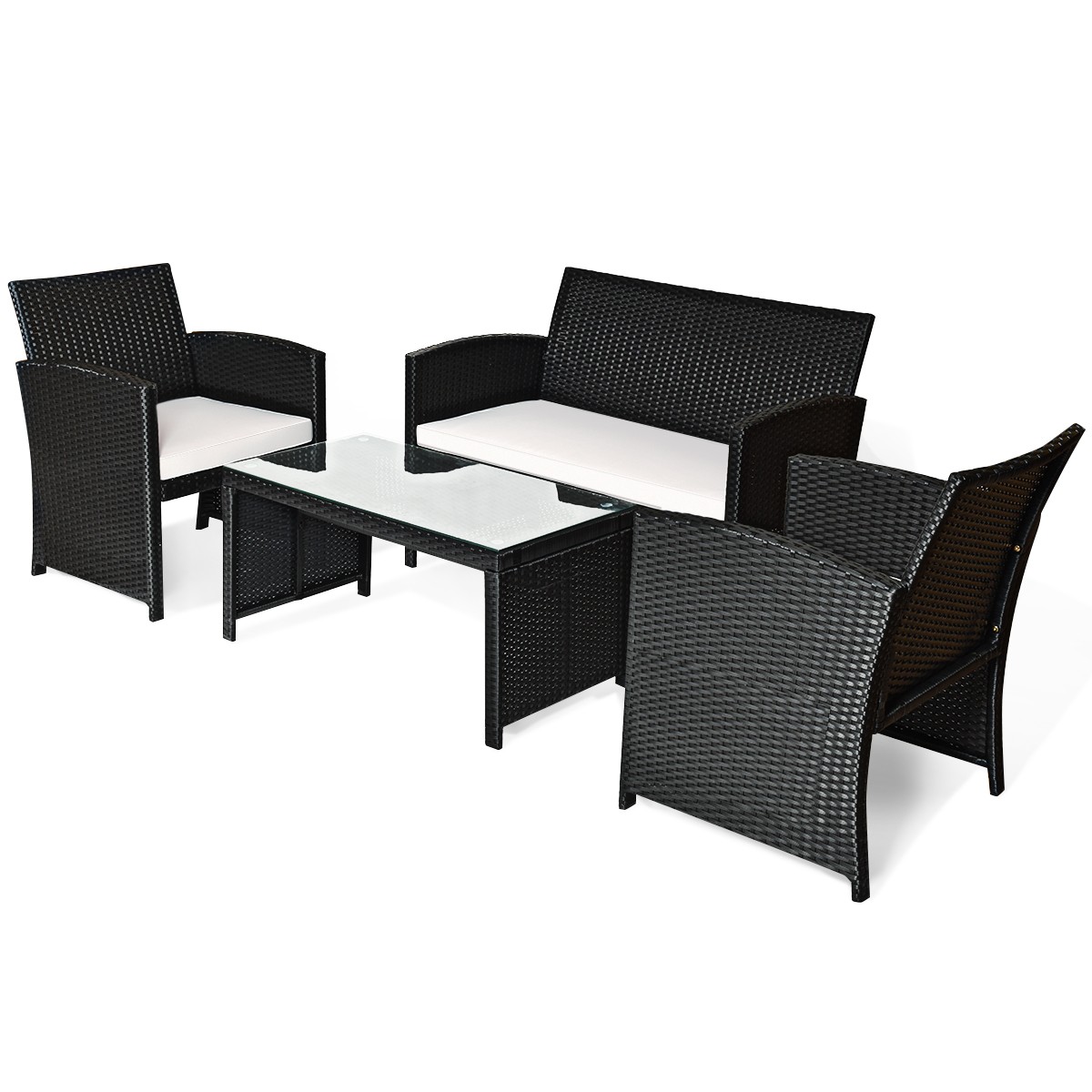 Topbuy 4 PCS Outdoor Patio Rattan Furniture Set Black Wicker Cushioned