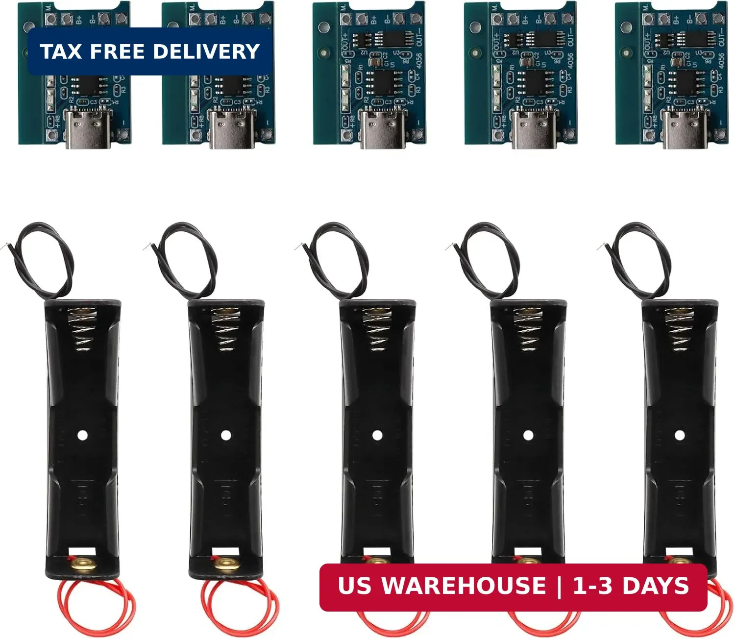 5 Pack TP4056 18650 Lithium Battery Charger Module+ 5 Pcs Battery Holder, Type-C