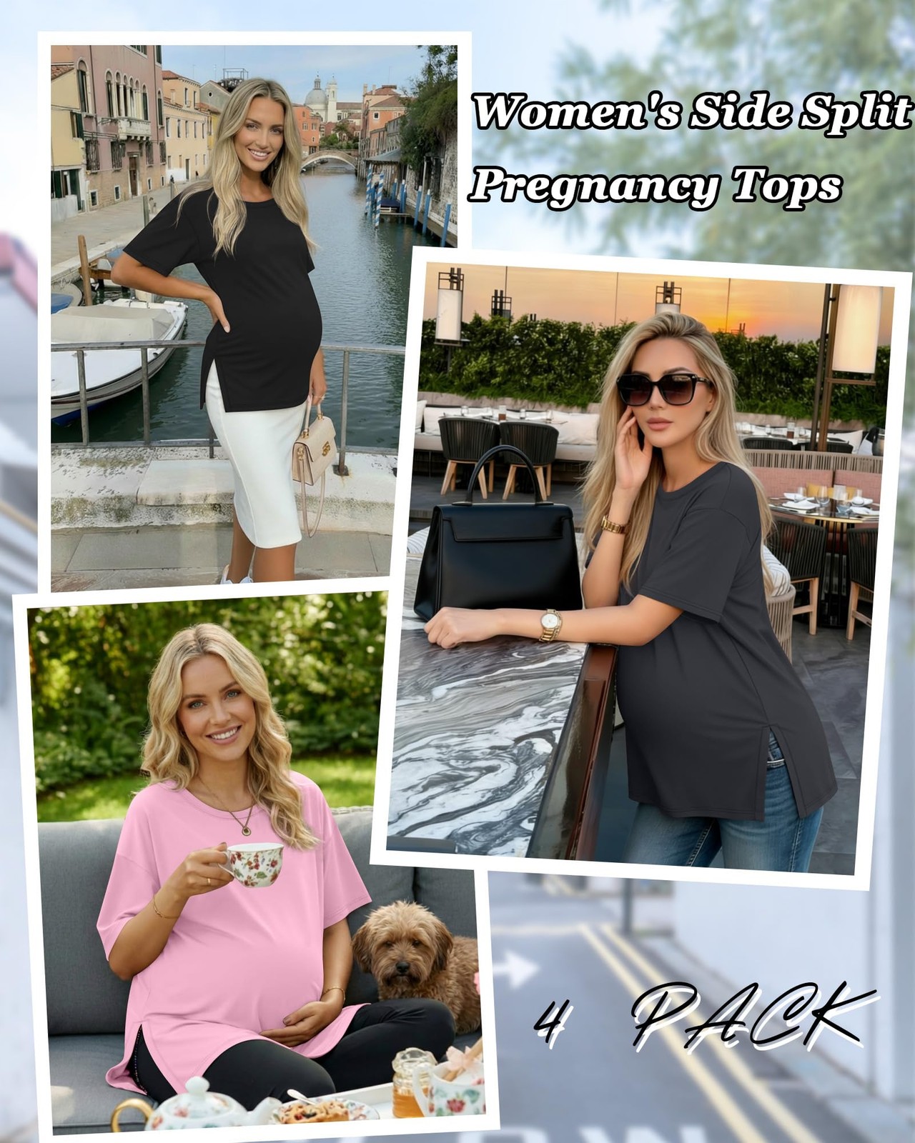 4 Pack Women's Maternity T Shirts, Short Sleeve Split Side Pregnancy Tee Loos...