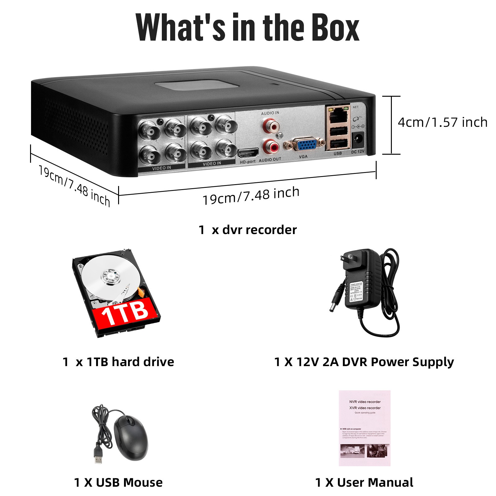 H.265+ 8CH Channel DVR for Security Camera System 1080P Recorder with 1TB HDD