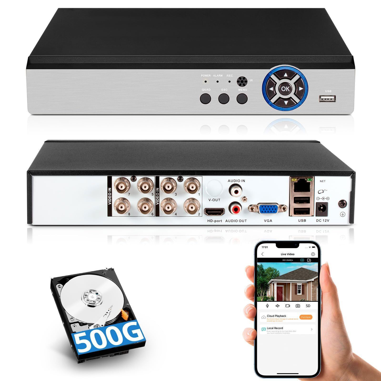 8 Channel H.265+ DVR 1080P HD with 500GB Hard Drive for Security Camera System