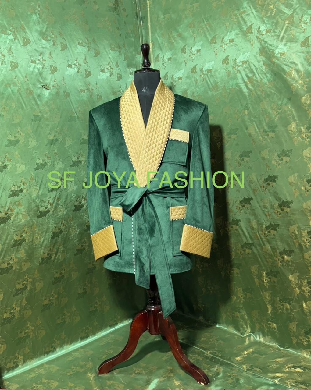 Men's Gold Quilted Green Velvet Smoking Jacket Party Wear Dinner Blazer Coat