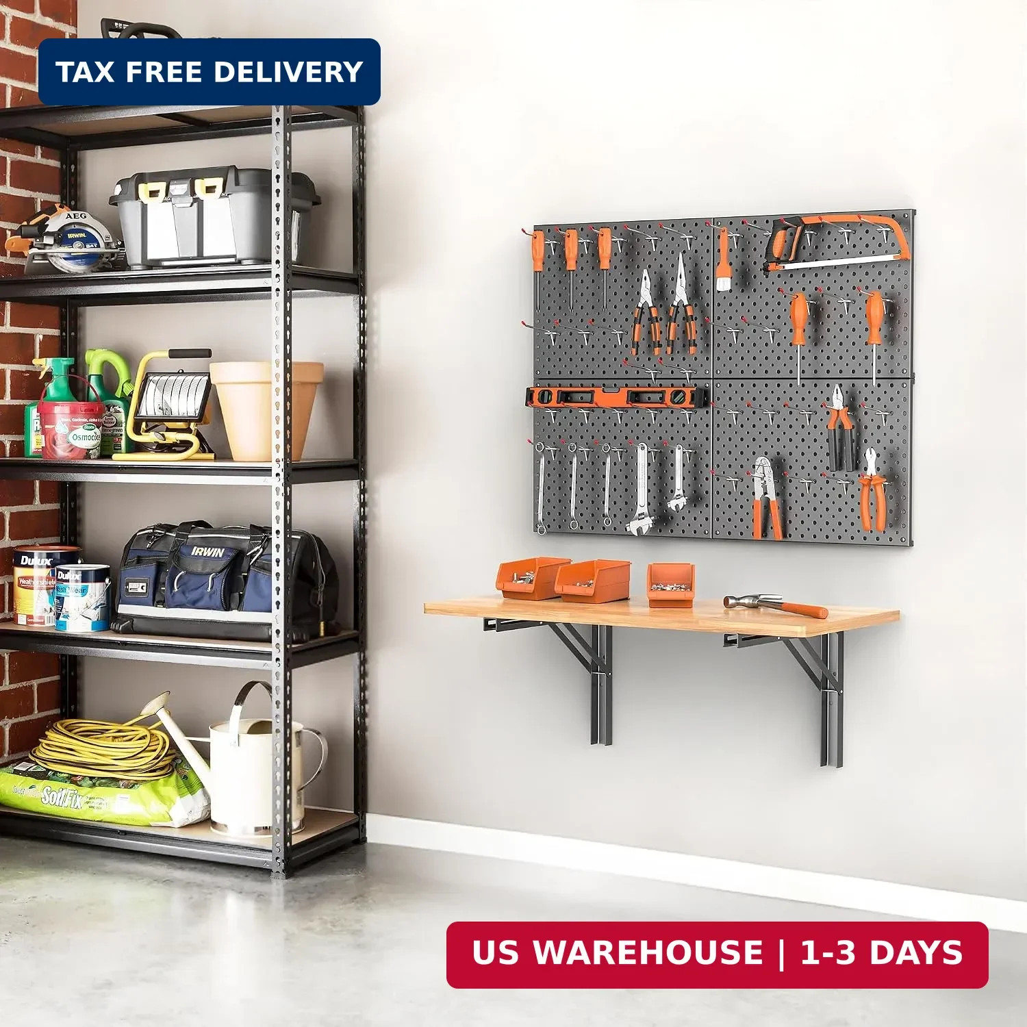 Folding Workbench with Pegboard, Wall Mount Work Table | Heavy Duty Ga
