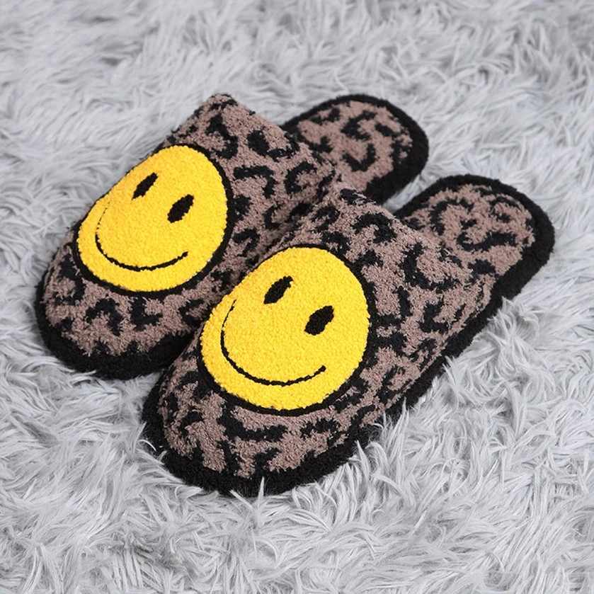 Leopard Happy Face Luxury Soft Slipper : Coffee