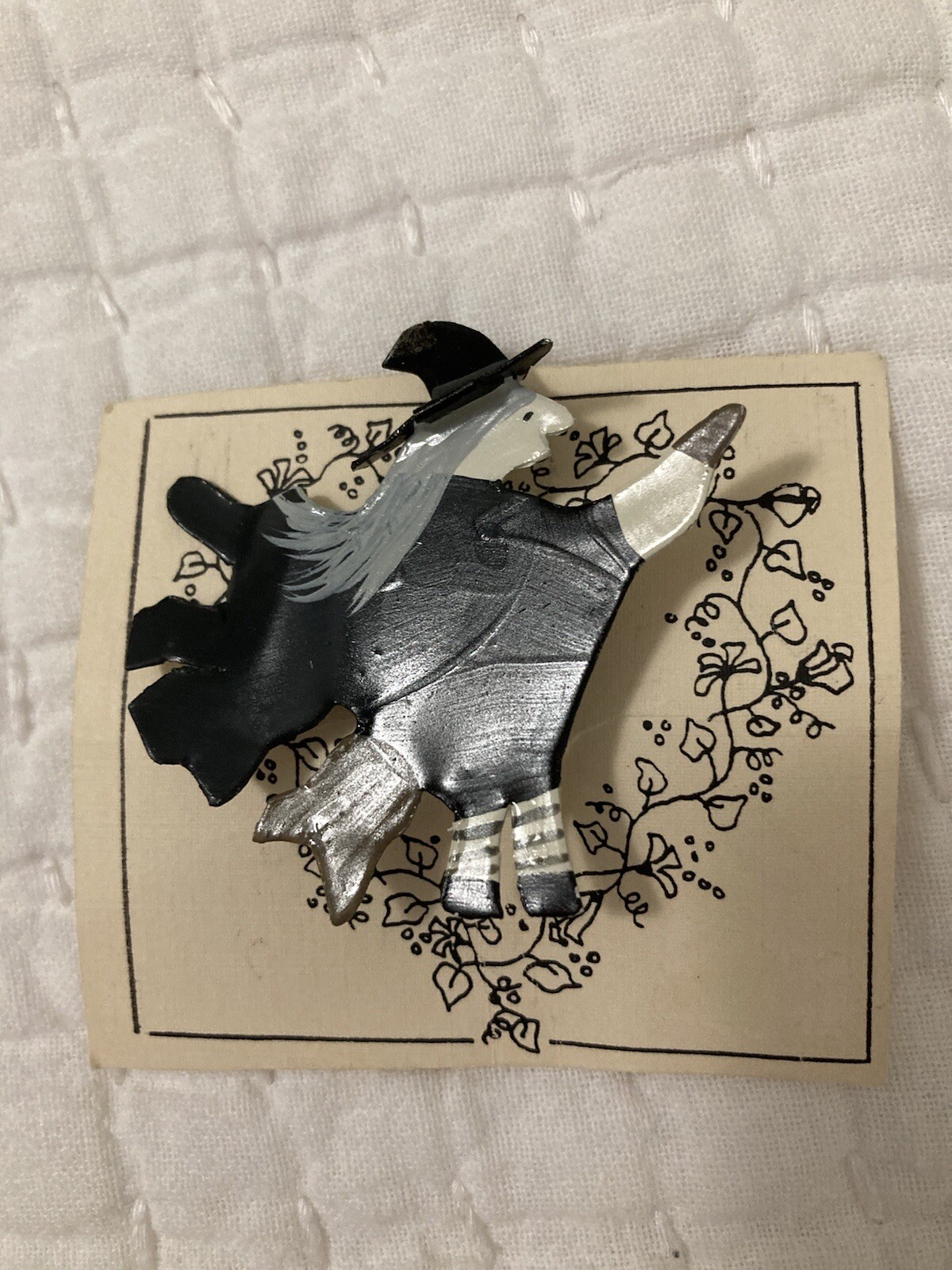 Halloween Witch on Broom Pin Brooch Metal or Heavy Cardstock 1980 s
