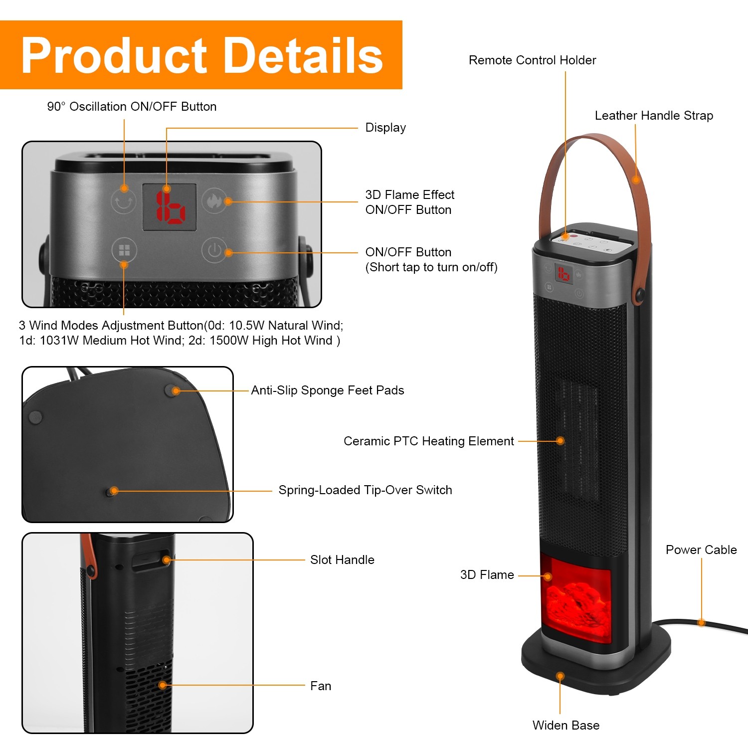 Space Heater 90°Oscillating 1500W Electric Ceramic Tower Heater w/Remote Control