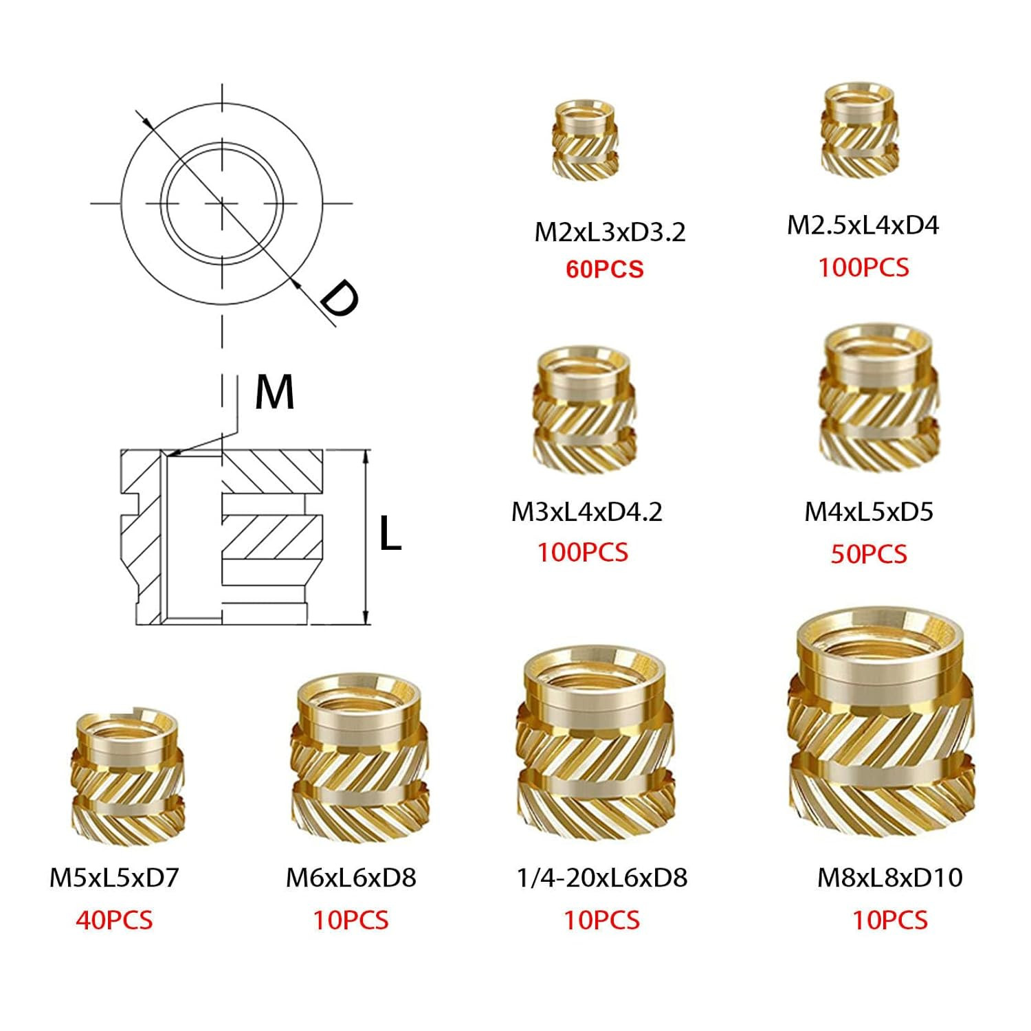 Heat Set Insert Tool Kit 380Pc Brass Nuts 60W Iron M2-M8 3D Printing Plastic