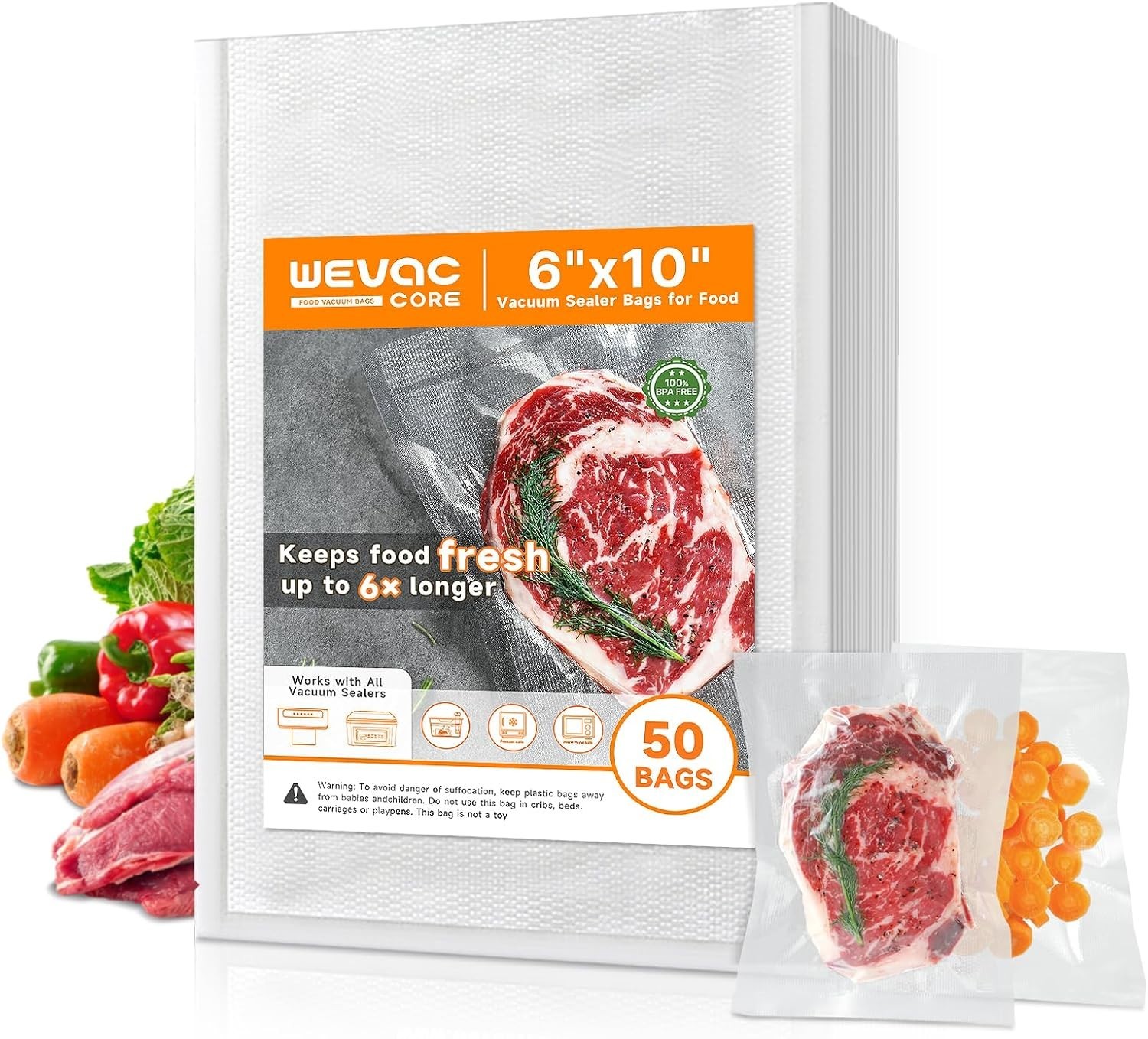Vacuum Sealer Bags – 50 Count 6″×10″, Heavy-Duty BPA-Free Food Storage Bags, ...