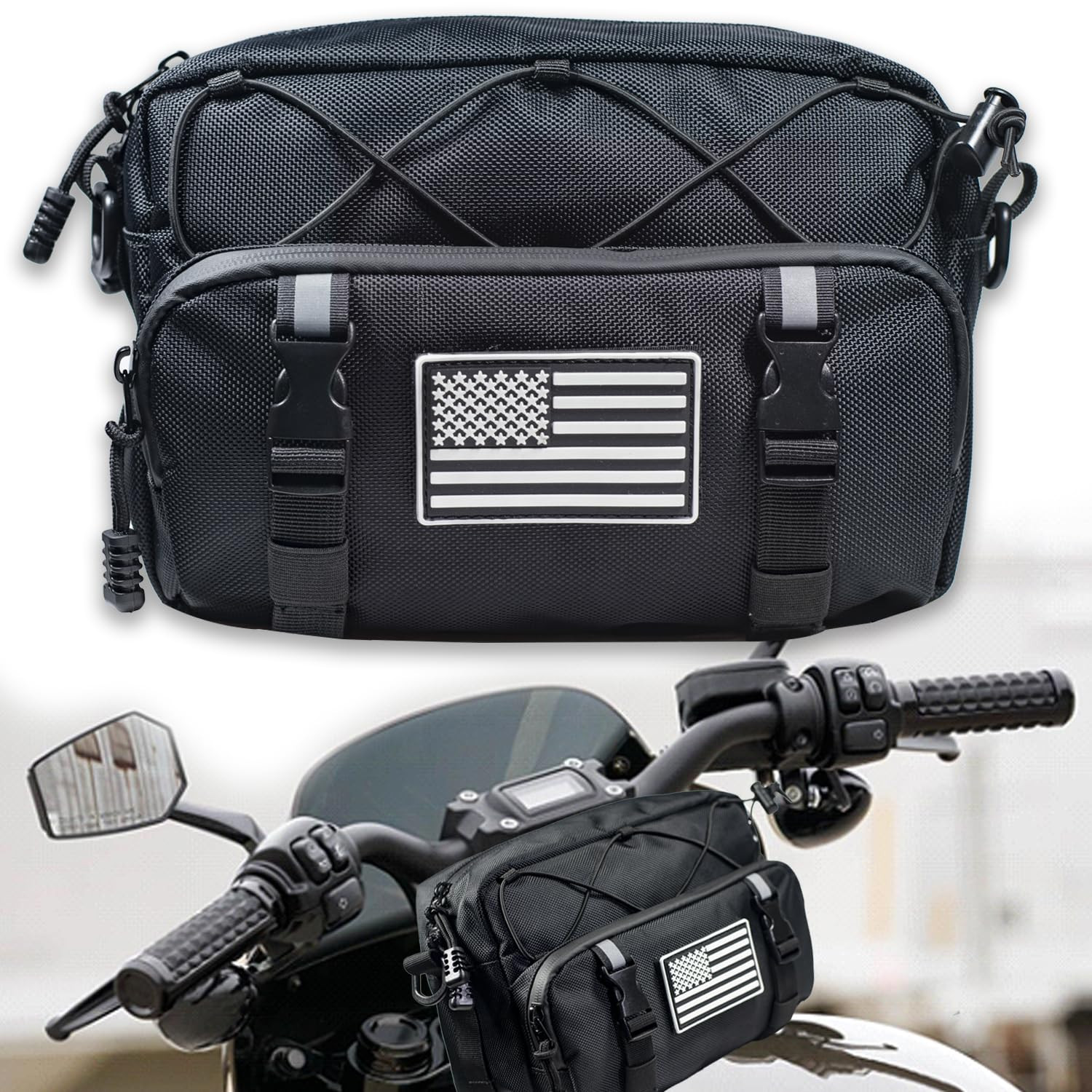Universal Black Motorcycle Handlebar Bag - Water-resistant American Flag 1680...