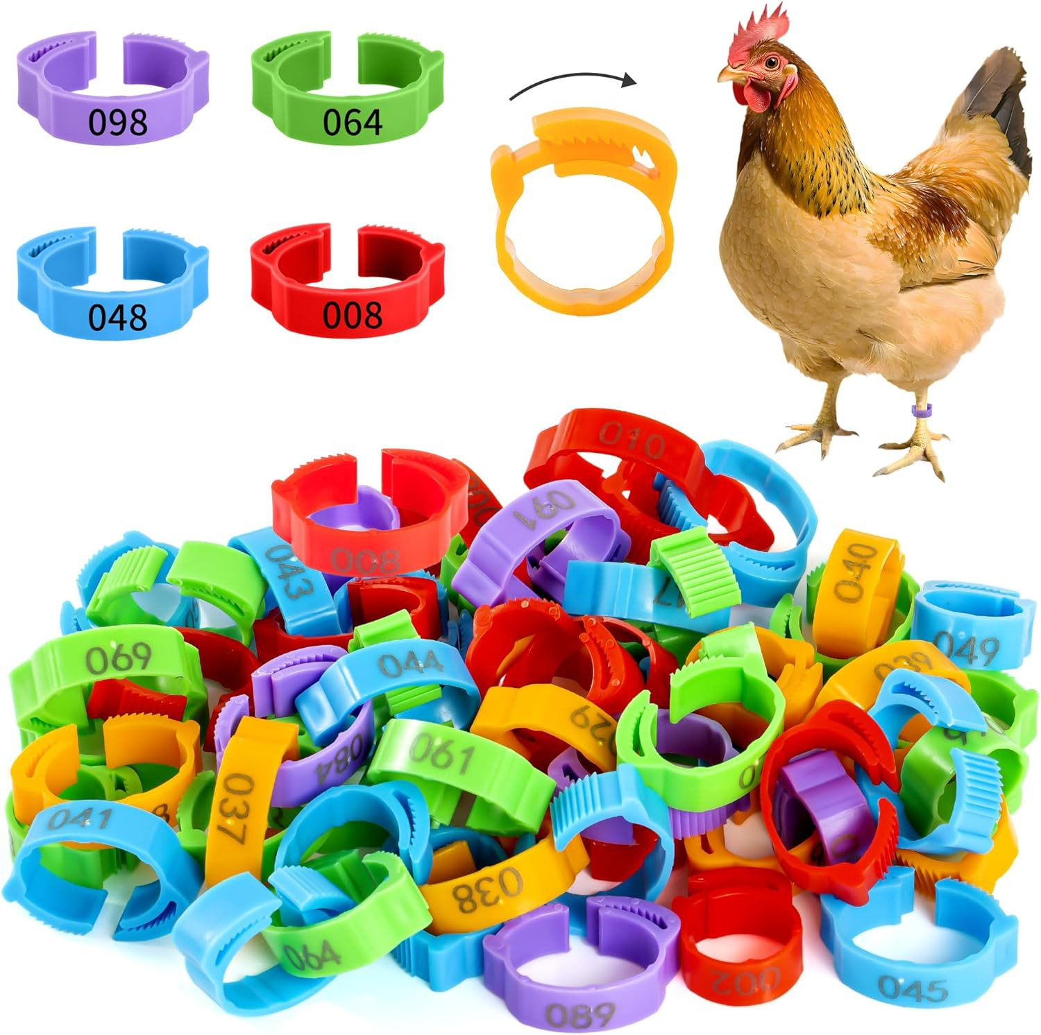 100pcs Chicken Leg Bands, 14-22mm Adjustable Poultry Tags, Durable Multi-Colo...