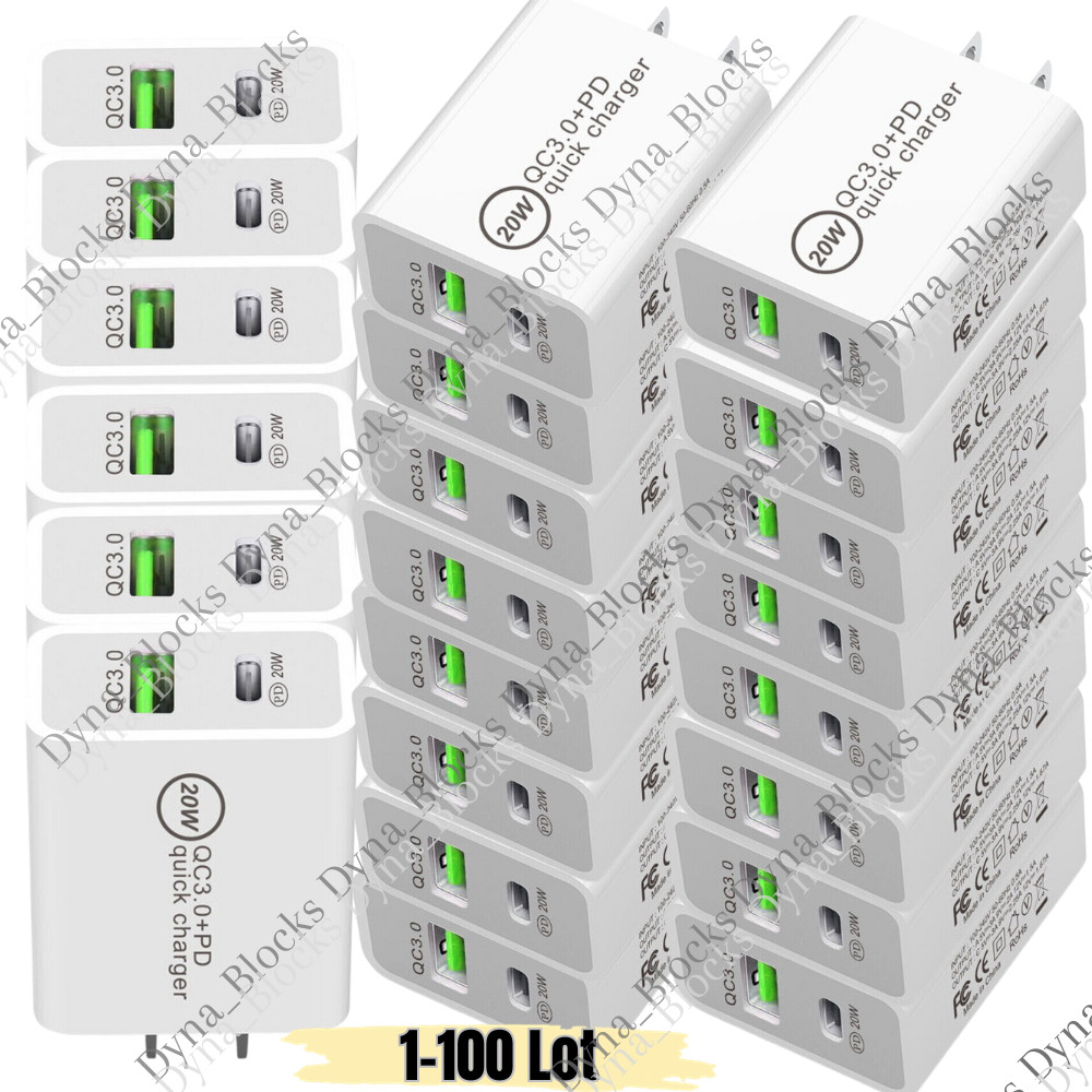 Bulk Lot QC3.0 20W PD Fast Wall Charger Power Adapter For iPhone Samsung Android