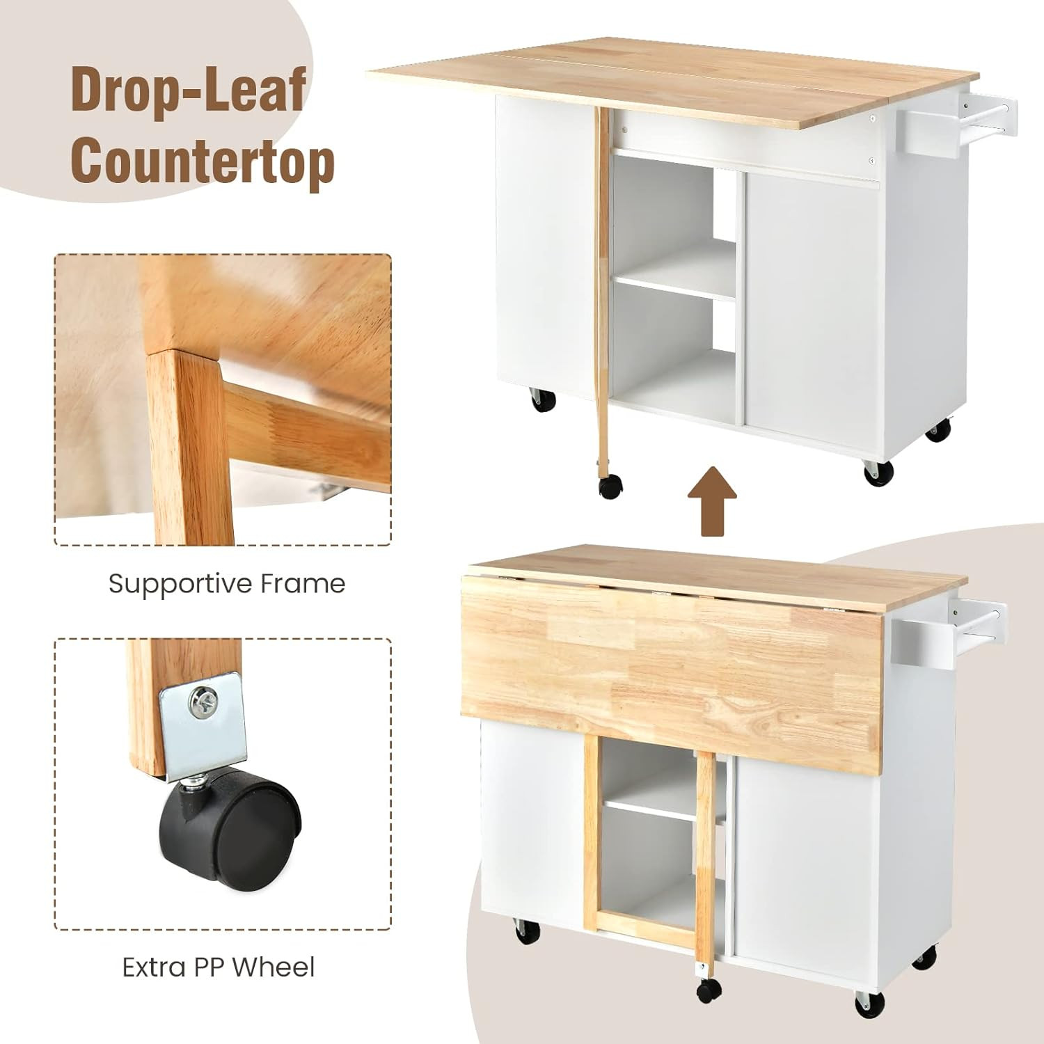 White Kitchen Island Cart with Drop-Leaf, Shelves & Rolling Wheels