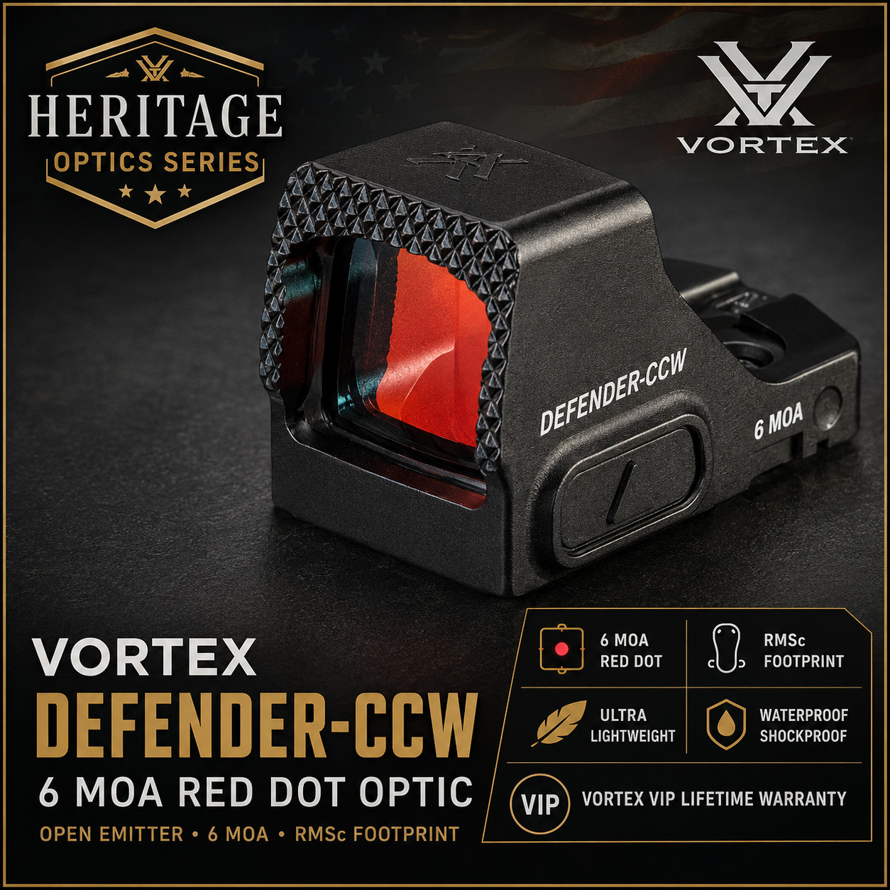 VORTEX DEFENDER CCW Red Dot Optic - Open Emitter RMSc