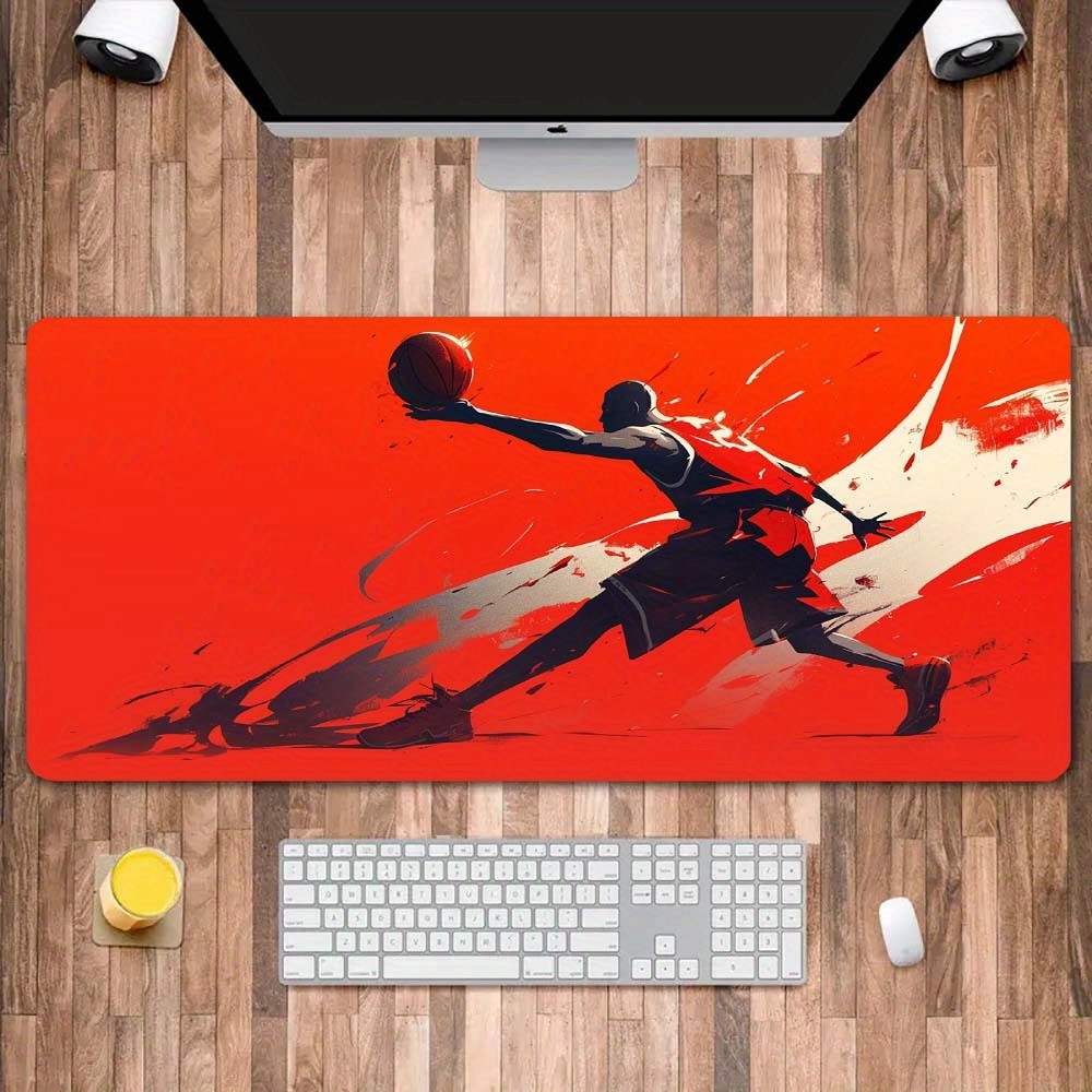 A Large Mouse Pad Featuring a Basketball Player Dunking Against a Red Backgrou