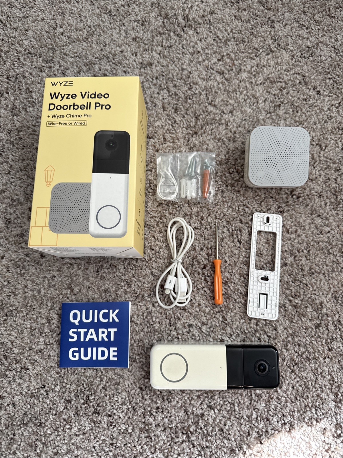 Wyze Video Doorbell Pro Wire-Free or Wired with Chime Pro Box Guide USB Charge
