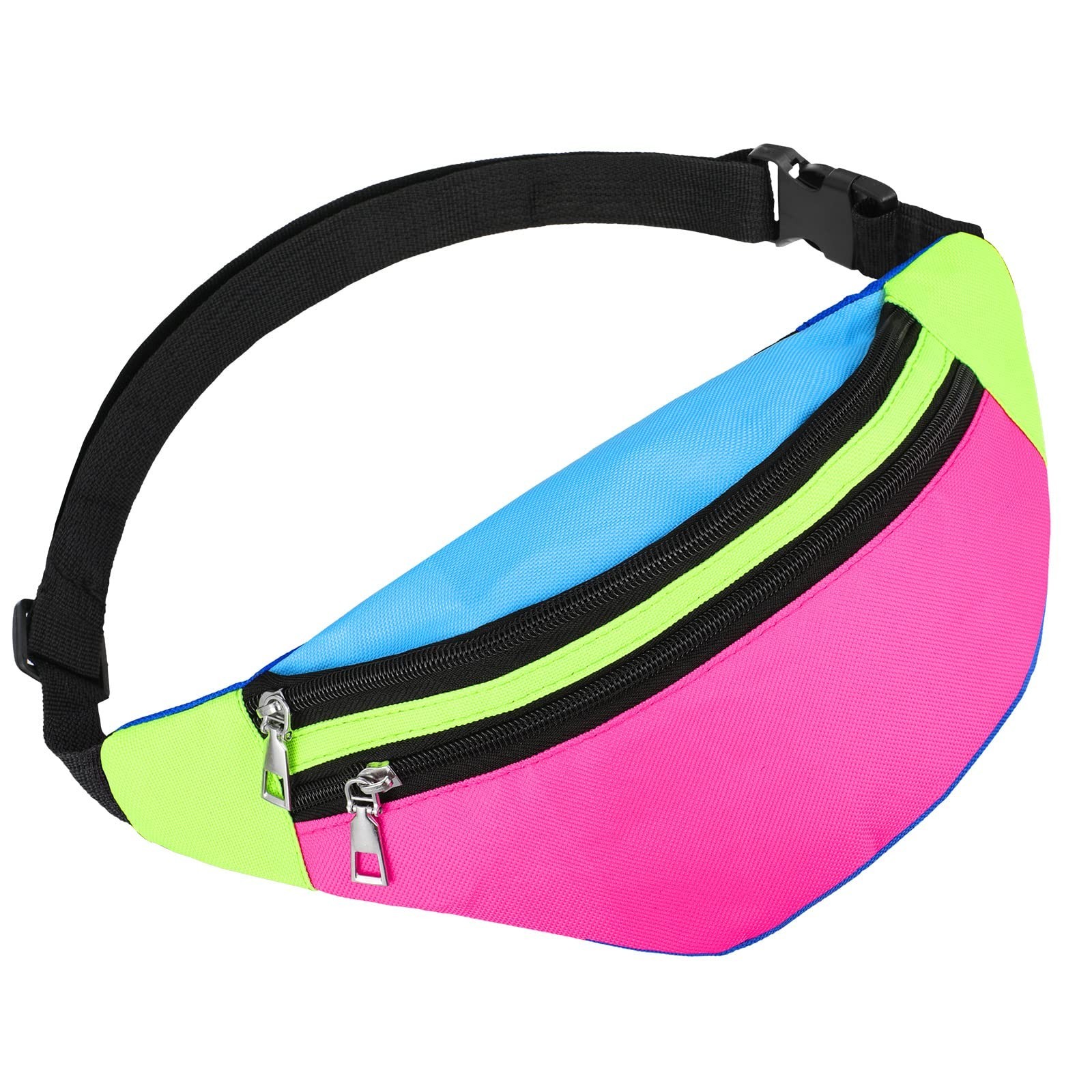 80s 90s Neon Fanny Pack for Women Adjustable Retro Two Pockets Waist Bags Lig...