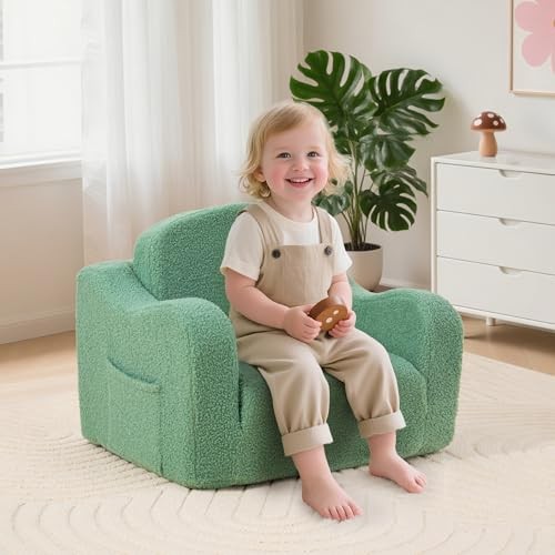 Comfy Toddler Chair & Kids, 2-in-1 Soft Couch Fold Out for Green Teddy Velvet
