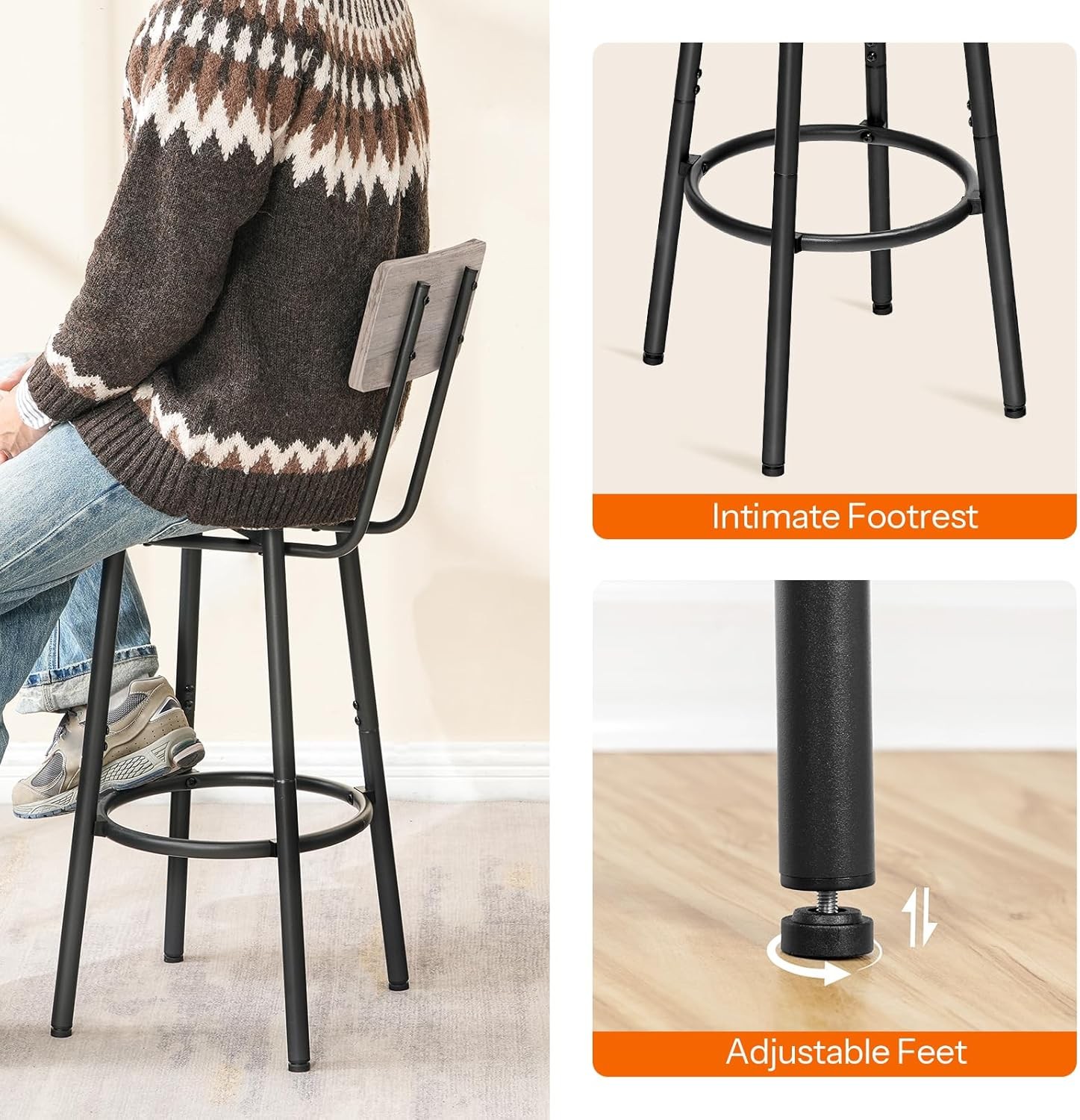 Bar Stools,Set of 2 Bar Stools W/ Footrest & Back,25.2" Bar Chairs Kitchen