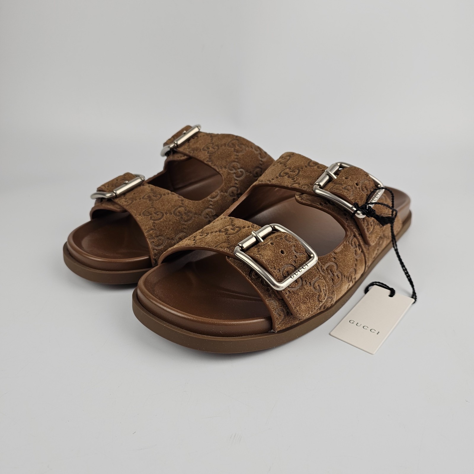 GUCCI $1050 Men's Cognac GG Suede Slide Sandals New & Authentic