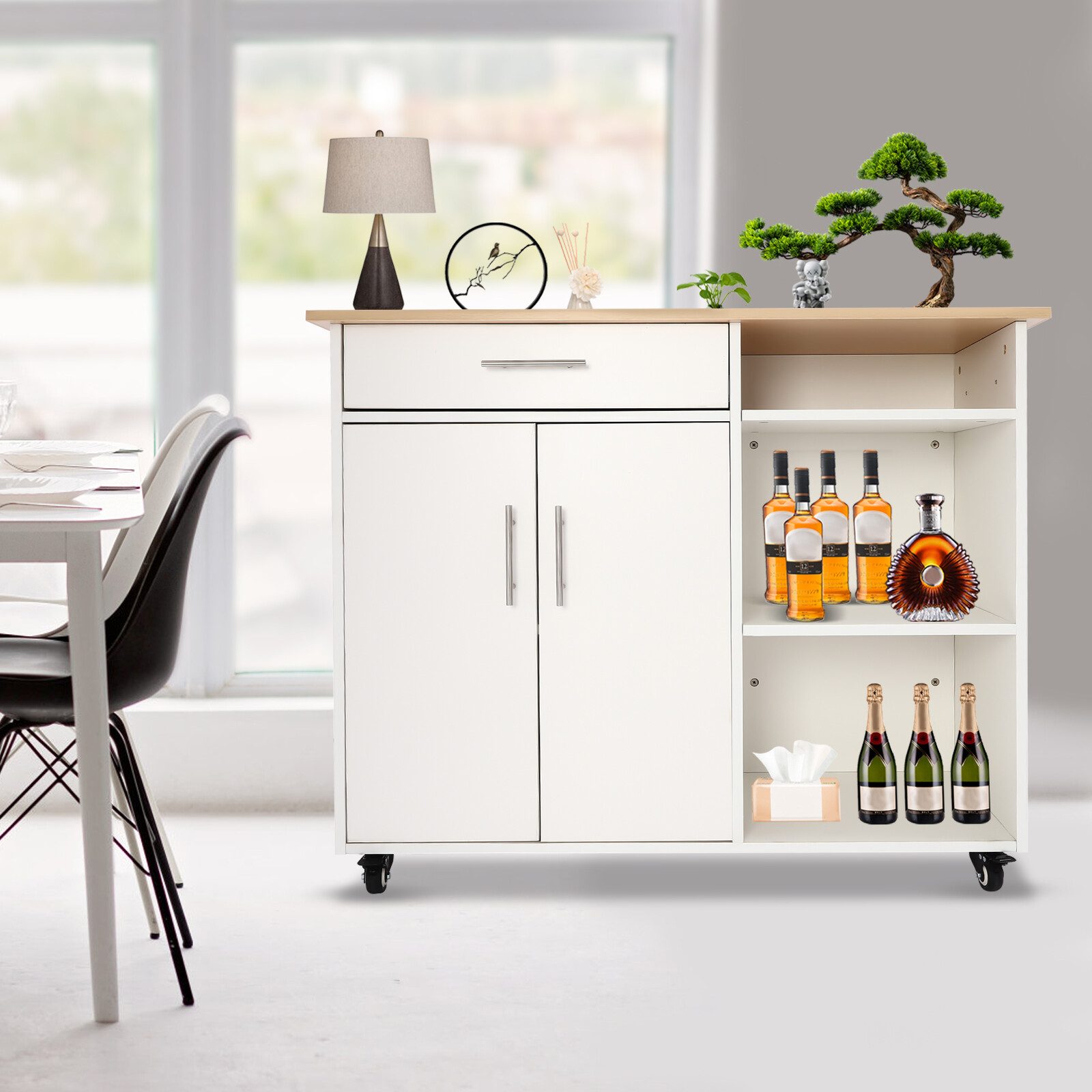 Island Side Table Kitchen Cart Rolling Kitchen Free Standing Trolley w/Drawer