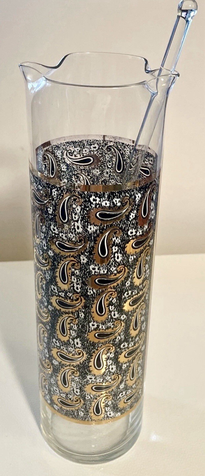 MCM Cocktail Pitcher & Stirrer - Double Spout, Black, Gold Paisley Clear Glass