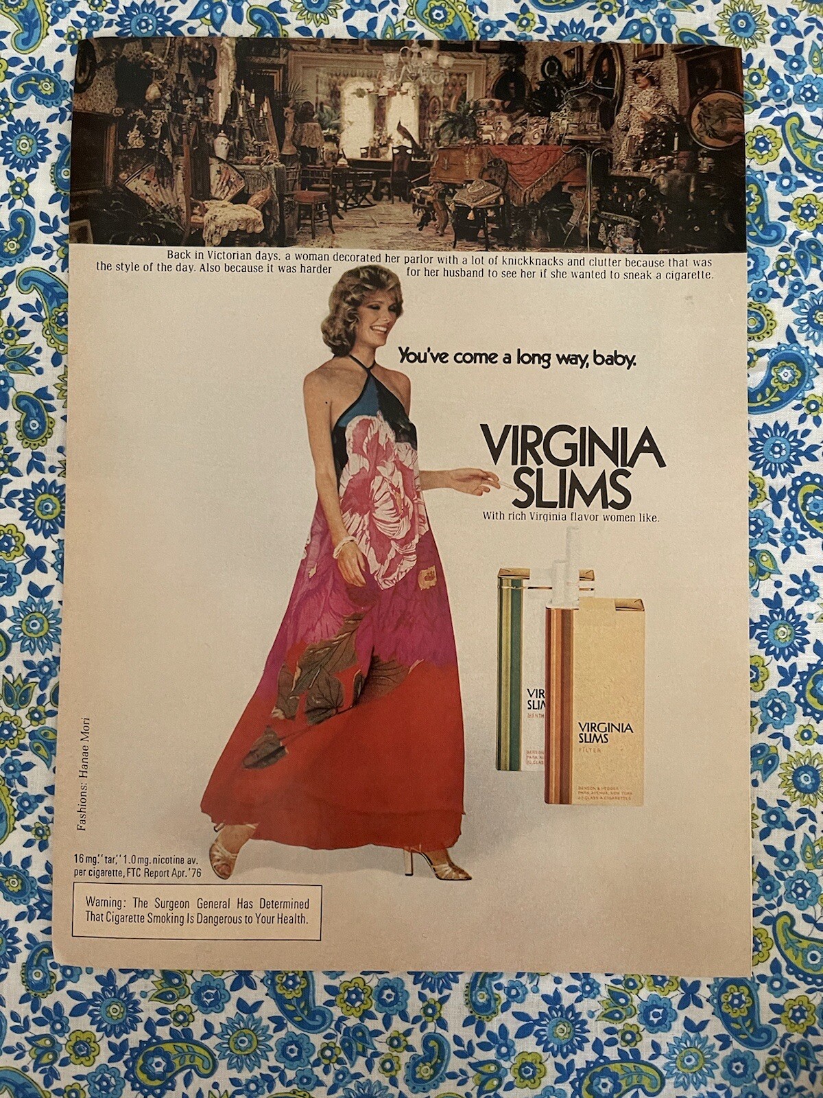 Vintage 1976 Virginia Slims Print Ad Model Bold Floral Dress Long Gown