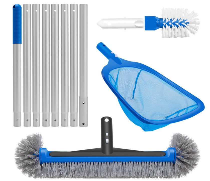 Kit 4 en 1 limpieza de piscina: red fina, cepillo, cabezal extra y asta 10 pies.