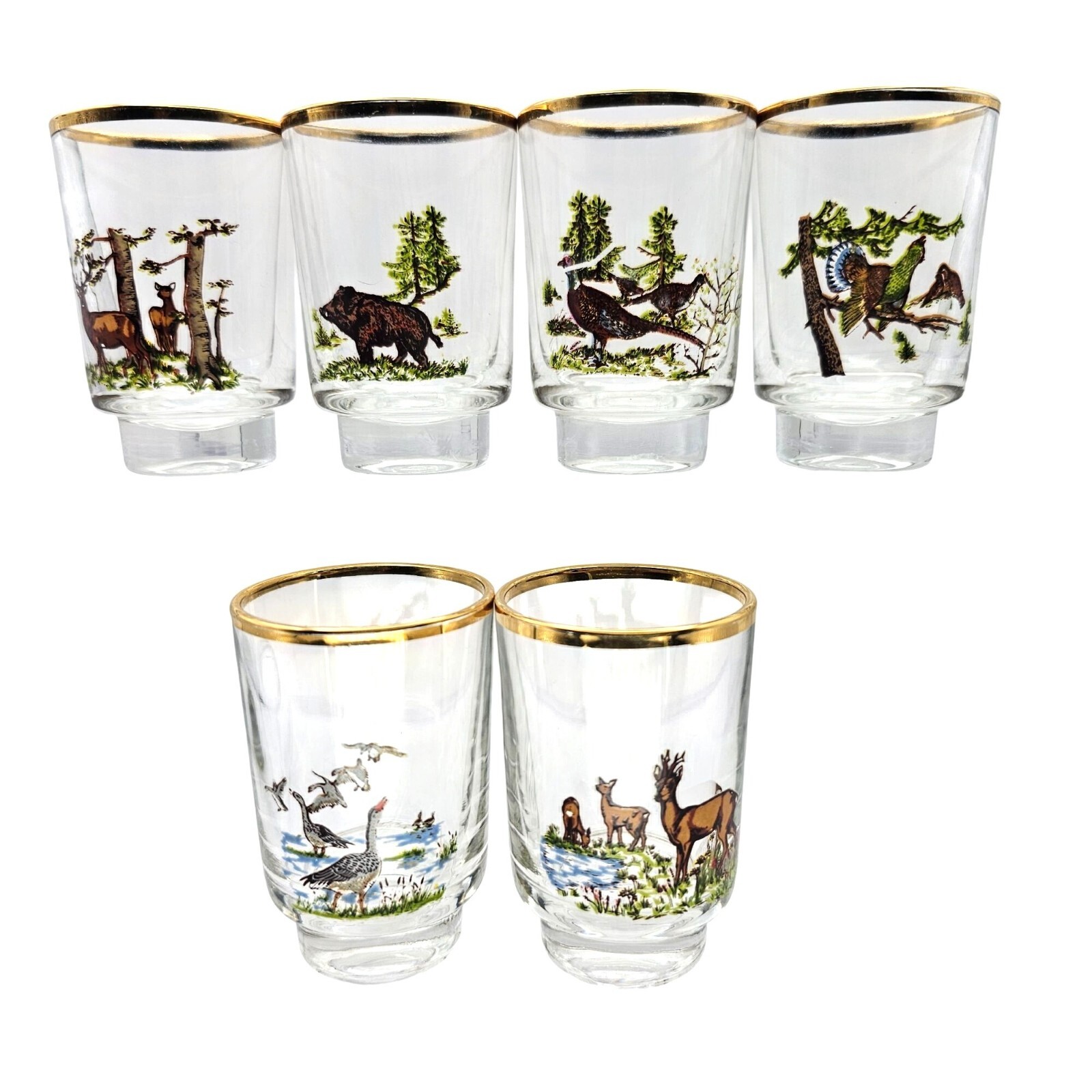 Vintage Ruhrglas Wildlife Shot Glasses Set Of 6 With Gold Rim & Wildlife