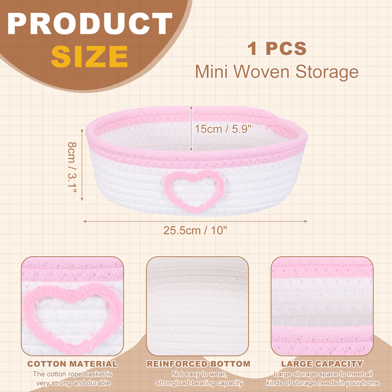 Rectangular Rope Basket 10x5.9x3.1Inch Small Woven Baskets White/Pink,