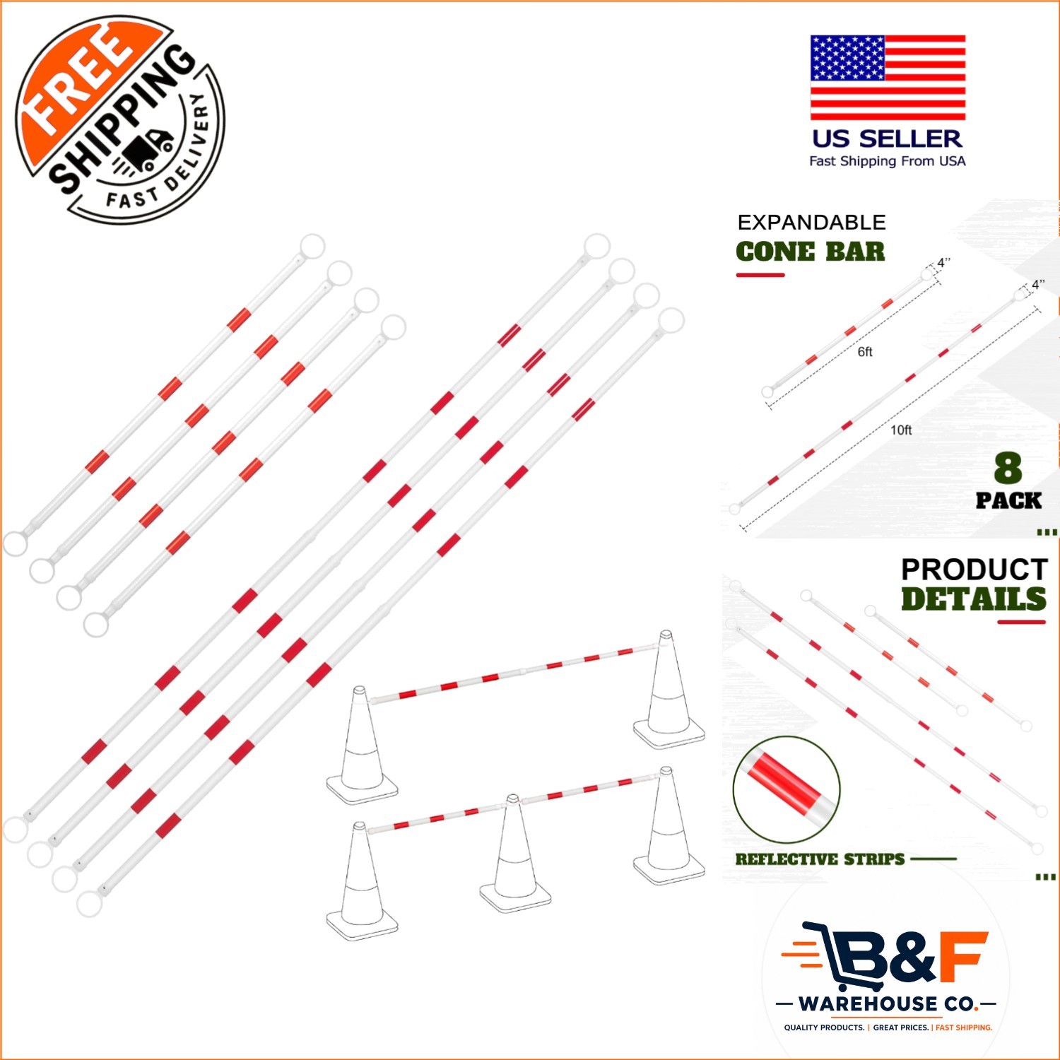 8 Pcs Retractable Traffic Safety Cone Bars, 6-10 Ft for High Visibility Safety